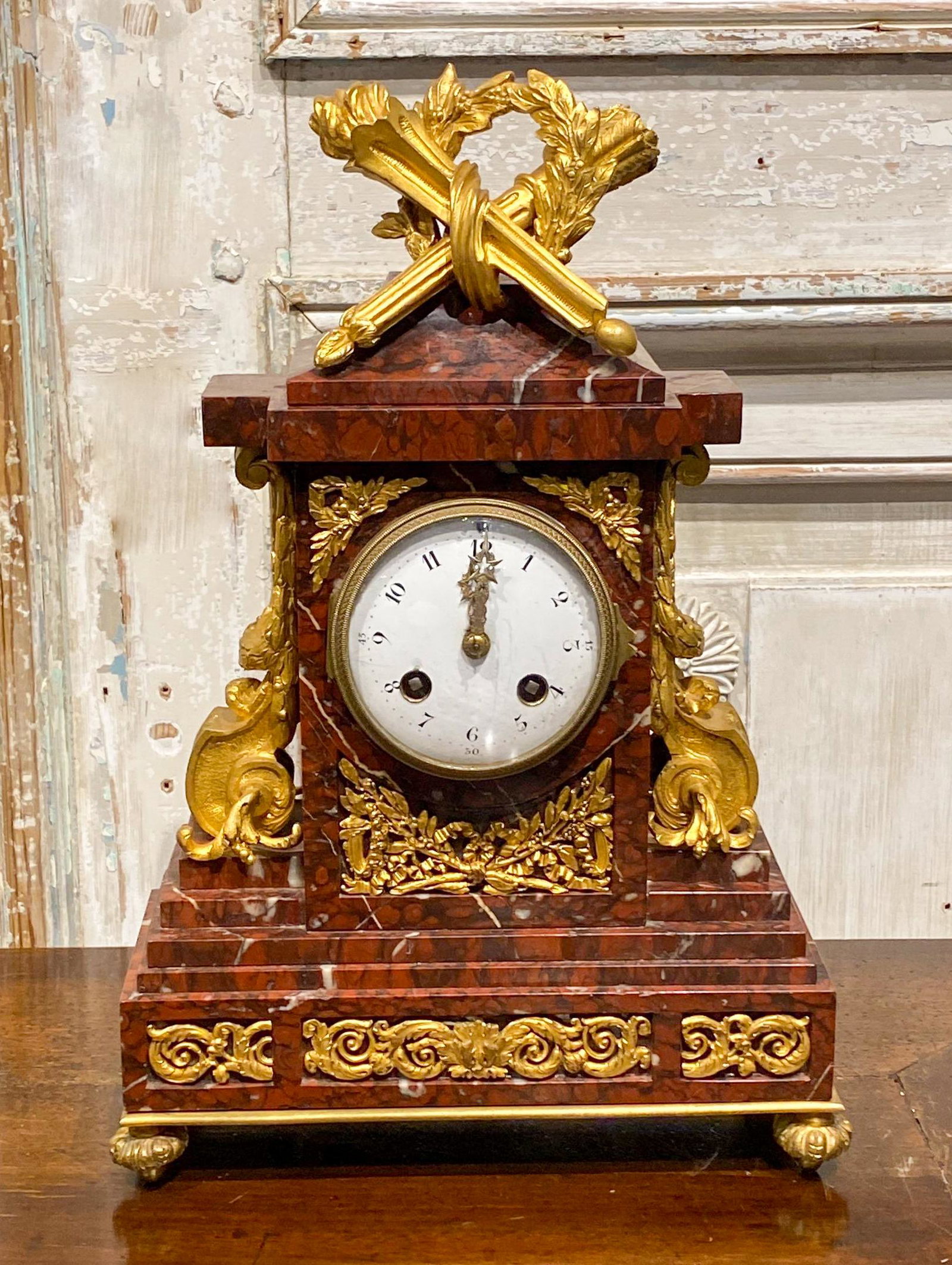 Rouge Marble And Bronze Clock: French Origin, Paris, C. 1880 10x4x14.5 19c, See Photos For Antique Condition (companion lot of candelabra is 811)
