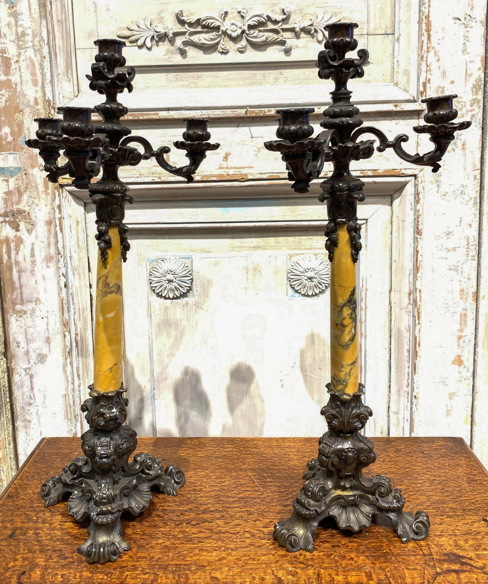 Pair Of French Charles X Candelabra: With Sienna Marble Columns , C.1880, Good Condition, 22 High