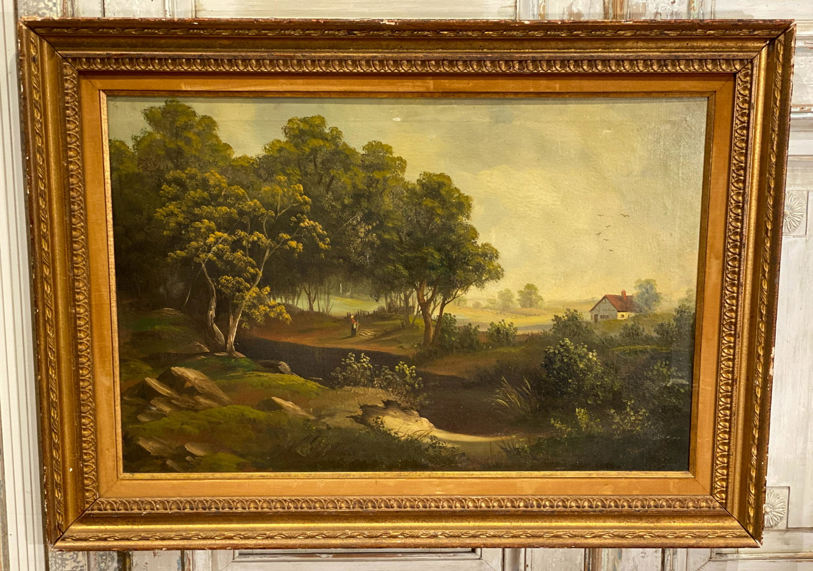 Oil On Canvas Landscape Signed H. Powell: See Photos For Typical Antique Conditions: Stretcher Imprint, Craquelure, And Some Loss. Needs Cleaning. 44.5x32.5 Framed