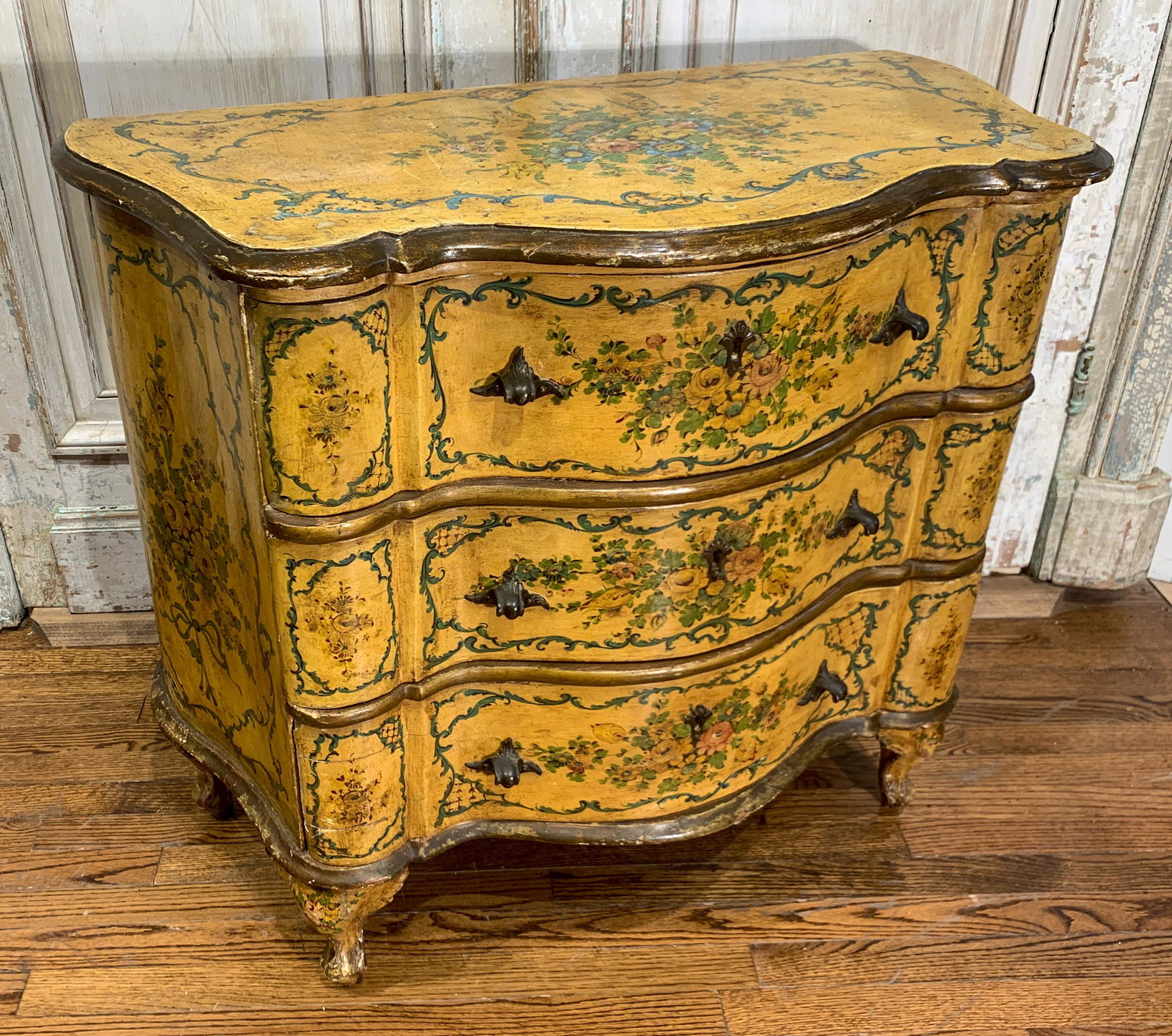 A Venetian Decorated And Lacquered Commode: Serpentine Shape, Good Condition; 33 H X 37 W X 18 D