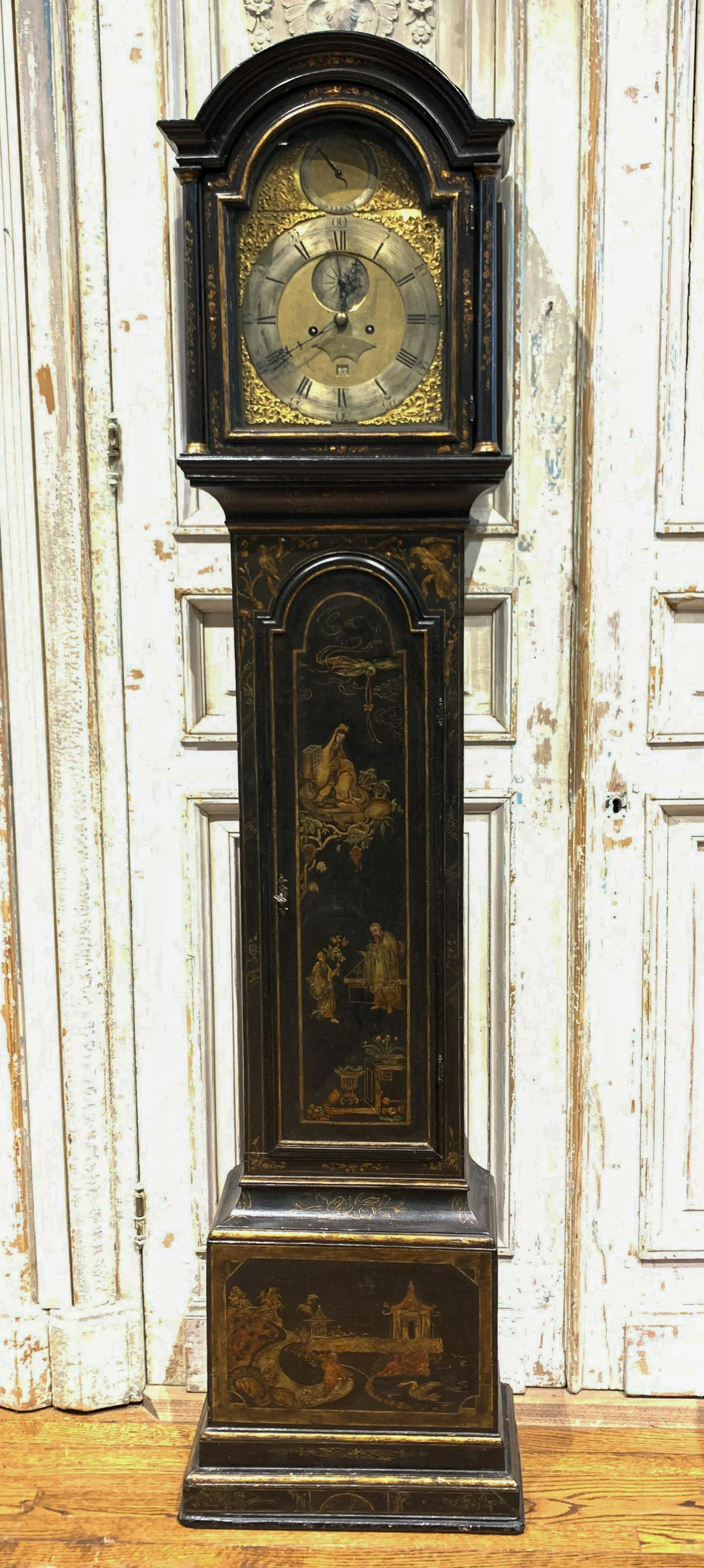 Rare 18 Th C. English Long Case Clock: With Original Chinoiserie Black Lacquer Finish, C. 1780, Brass Movement By John Crouch, Knightsbridge, 88 In High; Good Condition. Unable to open front panel to view parts.
