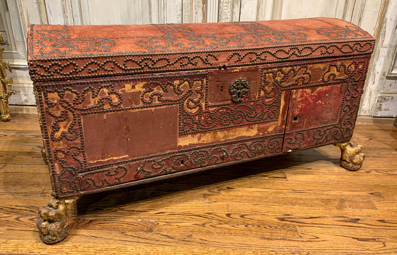 Early 18th C. Italian Cassone: Possibly Venetian, With Carved Guilt-wood Paw Feet, Elaborate Brass Nail Head Designs Over Original Velvet, With Fitted Compartments Etc, C.1720, 25 H X 55 L X 24 D ( Possibly 17 Th C)