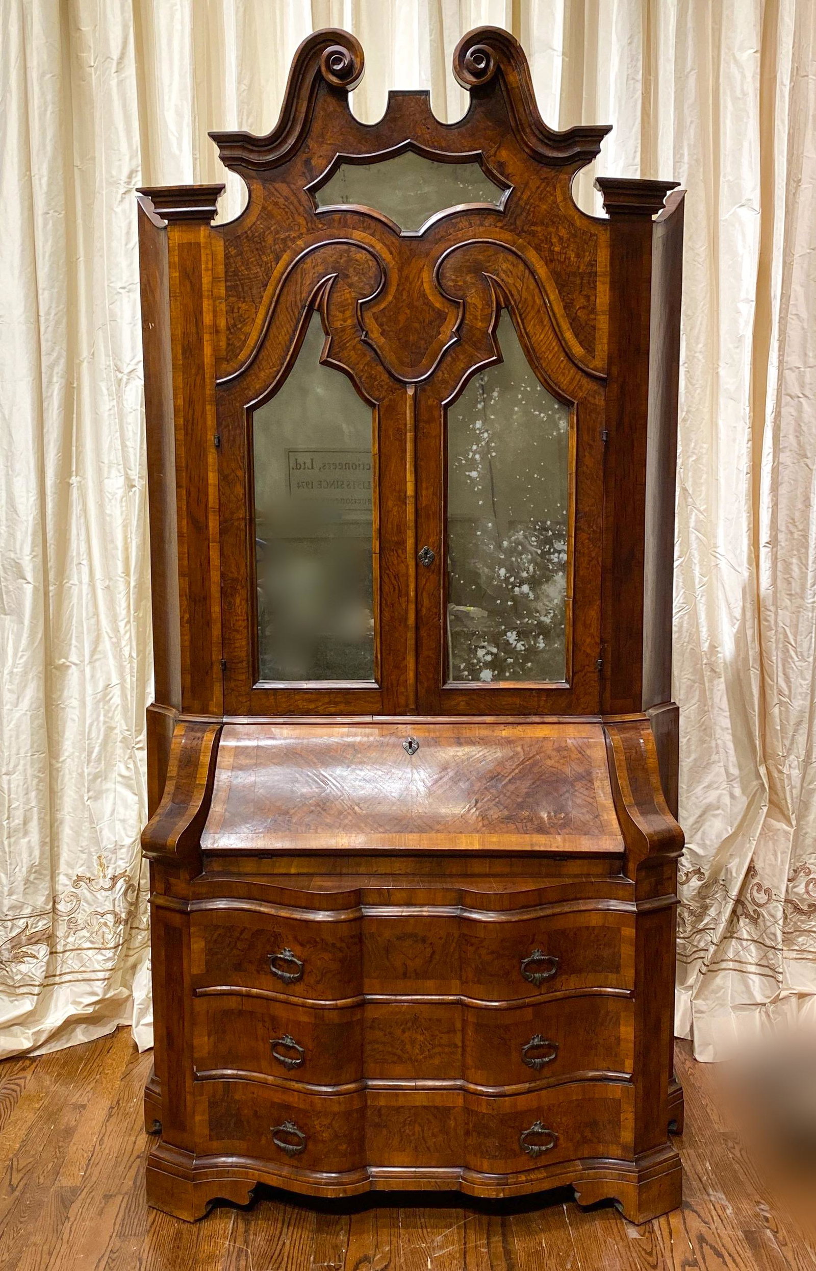 19th C. Italian Burl Walnut Bureau Bookcase: mirrored doors, 47.5 x 95 x 20.5 Good antique condition