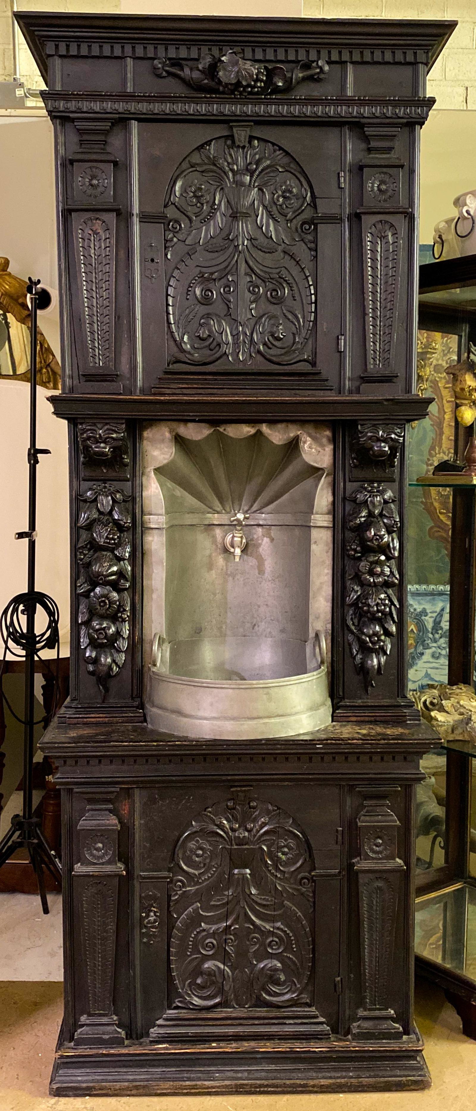 Unique 19c French Henri II Oak Sink Cabinet: Fitted Superbly With An Antique Pewter Lavatory And Spigot, Etc. 34.5 X 16.5 X 90h Has Been Professionally Plumbed For Installation.