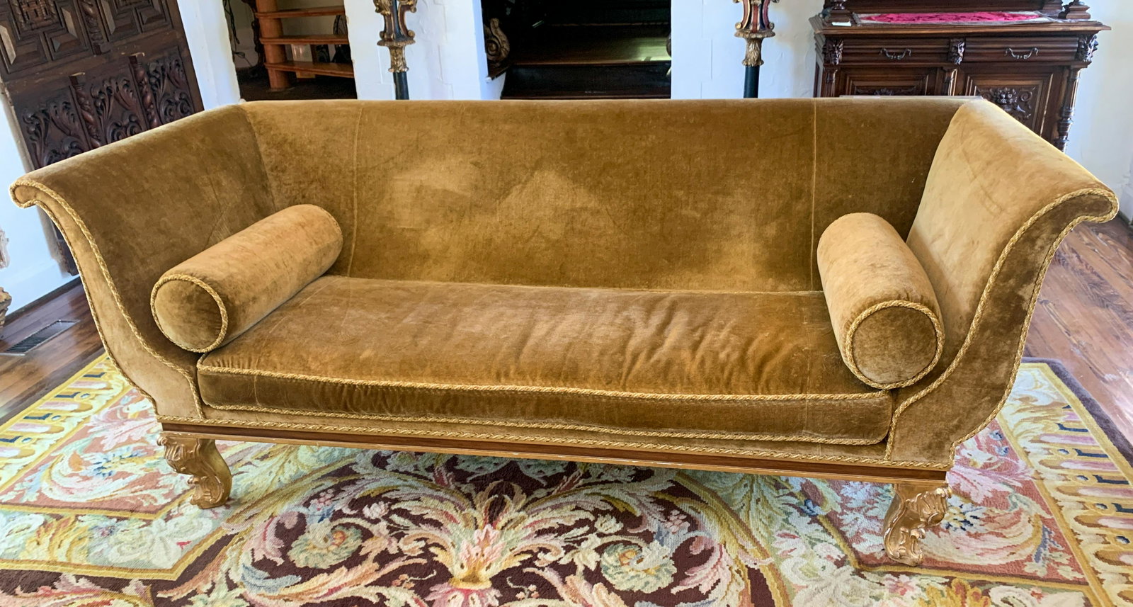 Superb Large Custom Made Sofa: Custom Gilt Wood Frame, Upholstered In Expensive Designer Fabric, With Silk And Velvet Cording, 96 L X 39 D X 37 H ; Cost $10,000 Wholesale When New.
