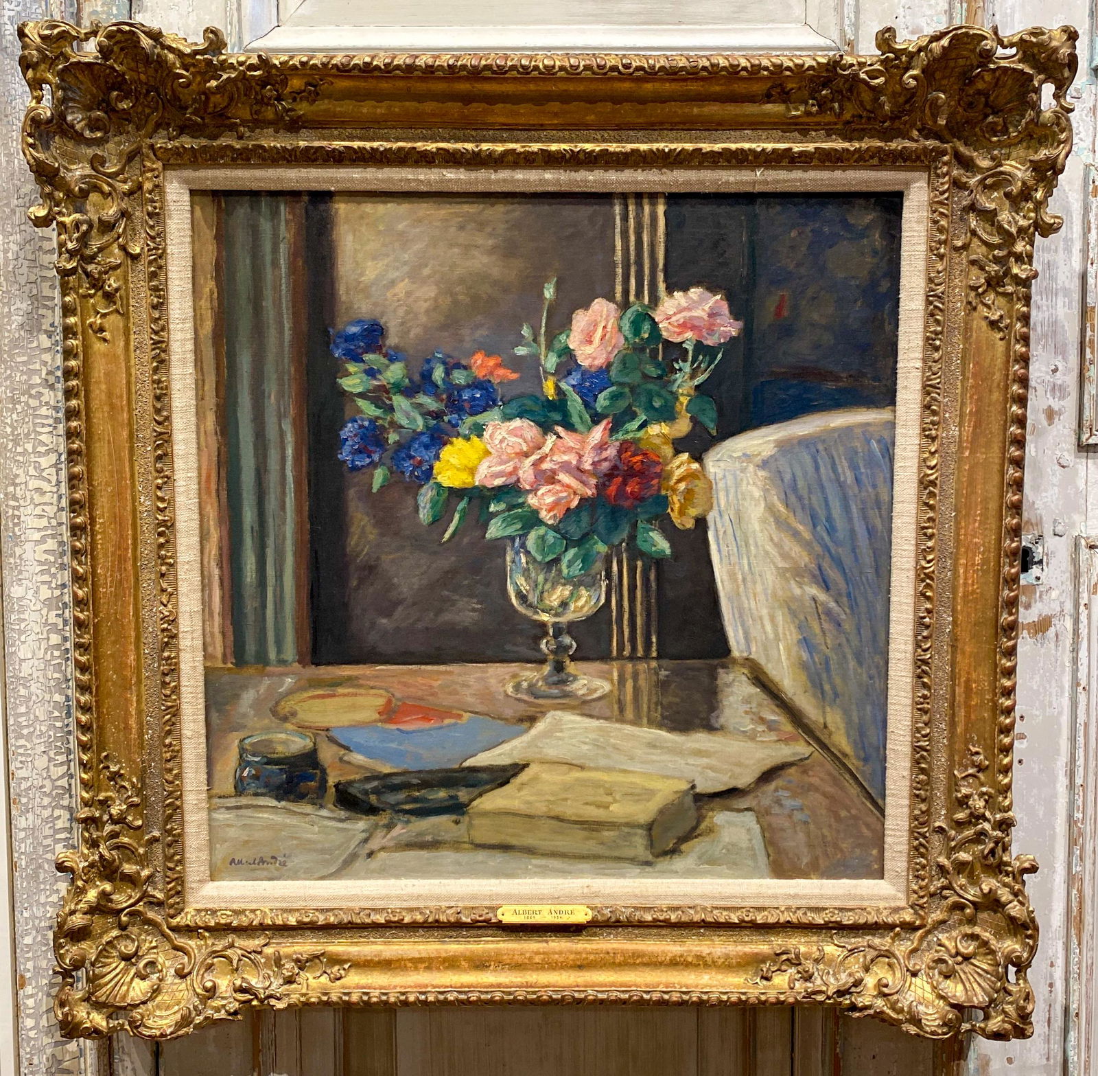 Albert Andre, French 1869-1954: Roses Dans Une Verre, Floral Still Life. Oil On Canvas 25.75 X 25.75 Sight; 34 1/2 X 34 1/2 Framed. Excellent Condition