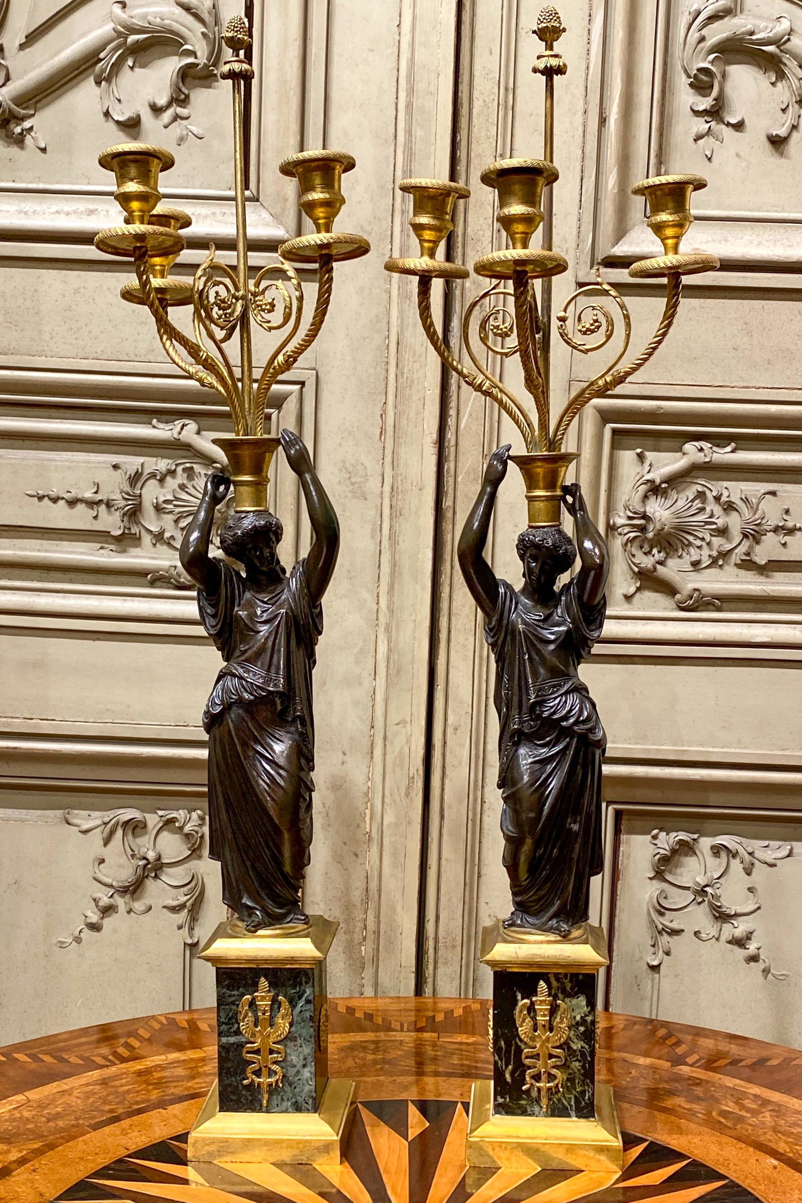 Pair Of French Empire Style Bronze Candelabra: Bronze Maidens With Gowns On Marble Bases; C. Late 19th C. 9x29.5