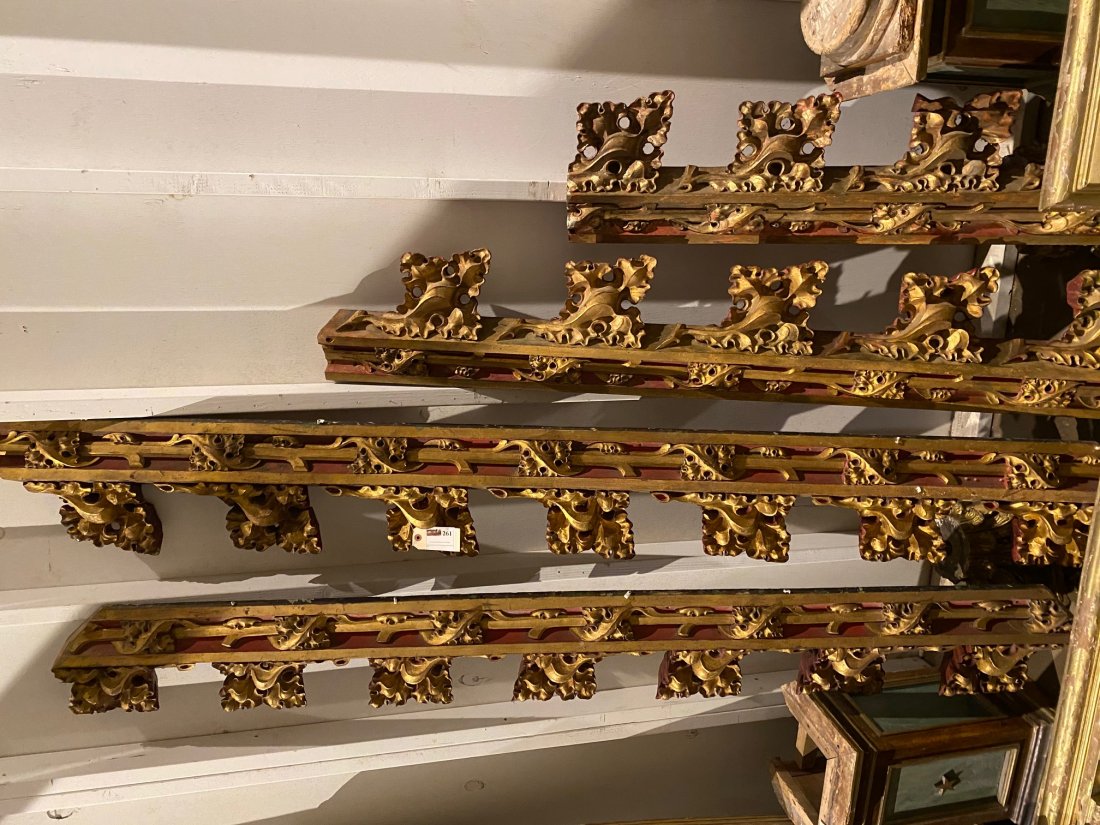 4 Antique Italian Florentine Carved Moldings: 4 Sections, All Gold Leafed Finish Baroque Carving. Approximately 3-5' Each.
