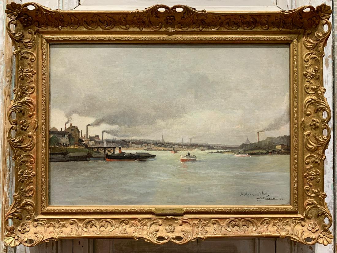 Jules G. Bahieu (1860-1894 Belgium): Oil On Canvas, Banks Of The Seine River. 27.5 x 20.5 with frame canvas 22 x 15. Nice antique condition.