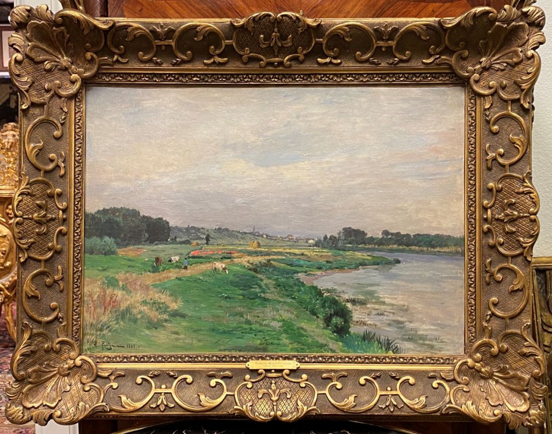 Edmond Marie Petitjean, French 1844-1925: Paysage De L'est De La France Avec Riviere Bergere Er Son Troupeau; Oil On Canvas In Excellent Condition; 28 w x 22 h with frame, 22 x 15.5 canvas only