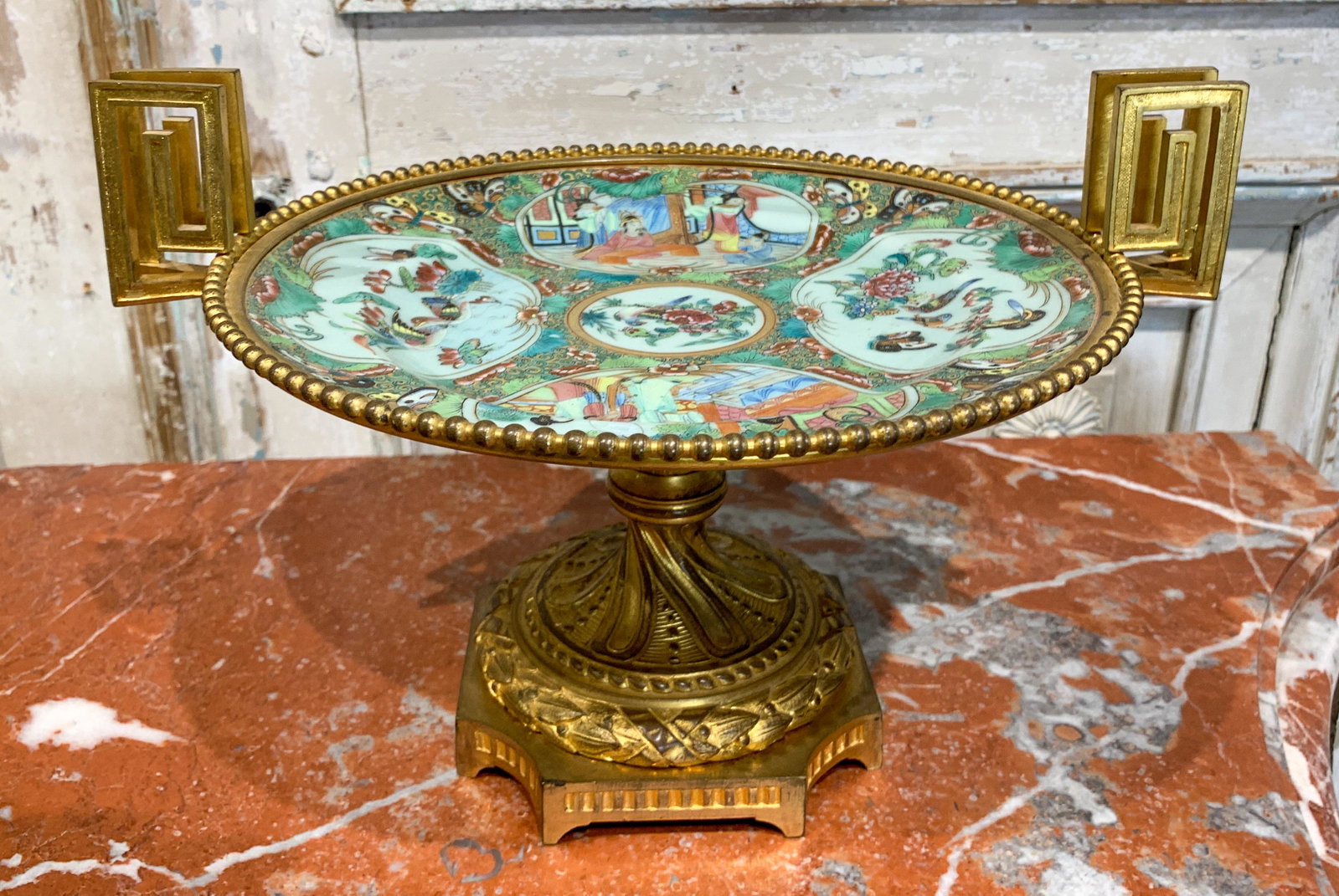 Very Fine Chinese And French Compote: Celedon and Famile Rose on gilt bronze stand; c1890