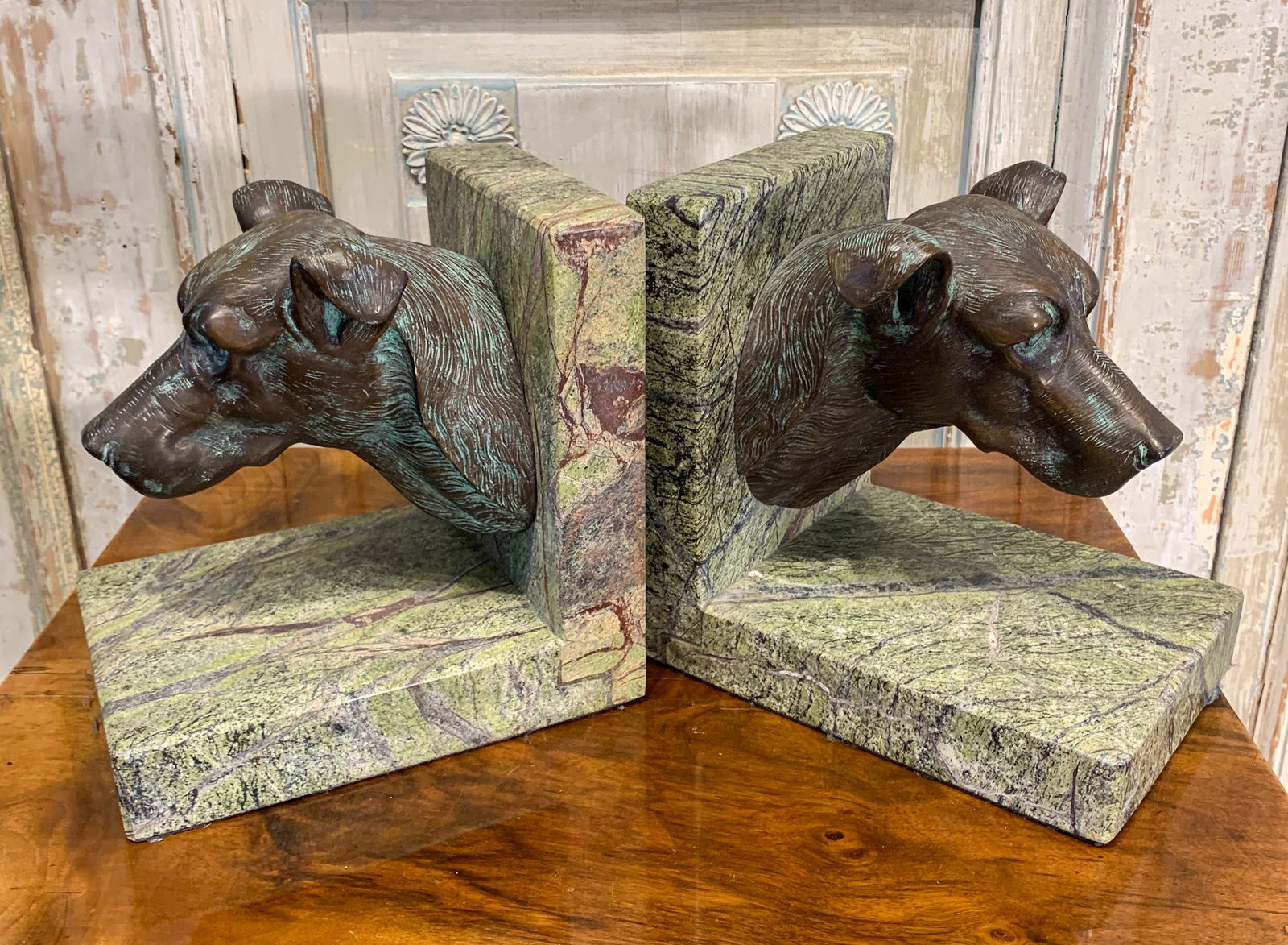 Pair Of Marble And Bronze Dog Head Bookends: Good Quality, Possibly Maitland-smith, 8.5 X 6 W X 9 H