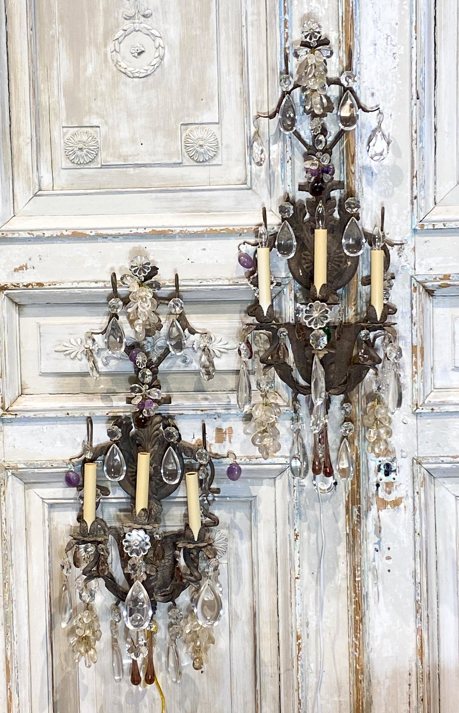 Pair Of Crystal And Amethyst Sconce: 35x13x9 Deep; Recent Wiring
