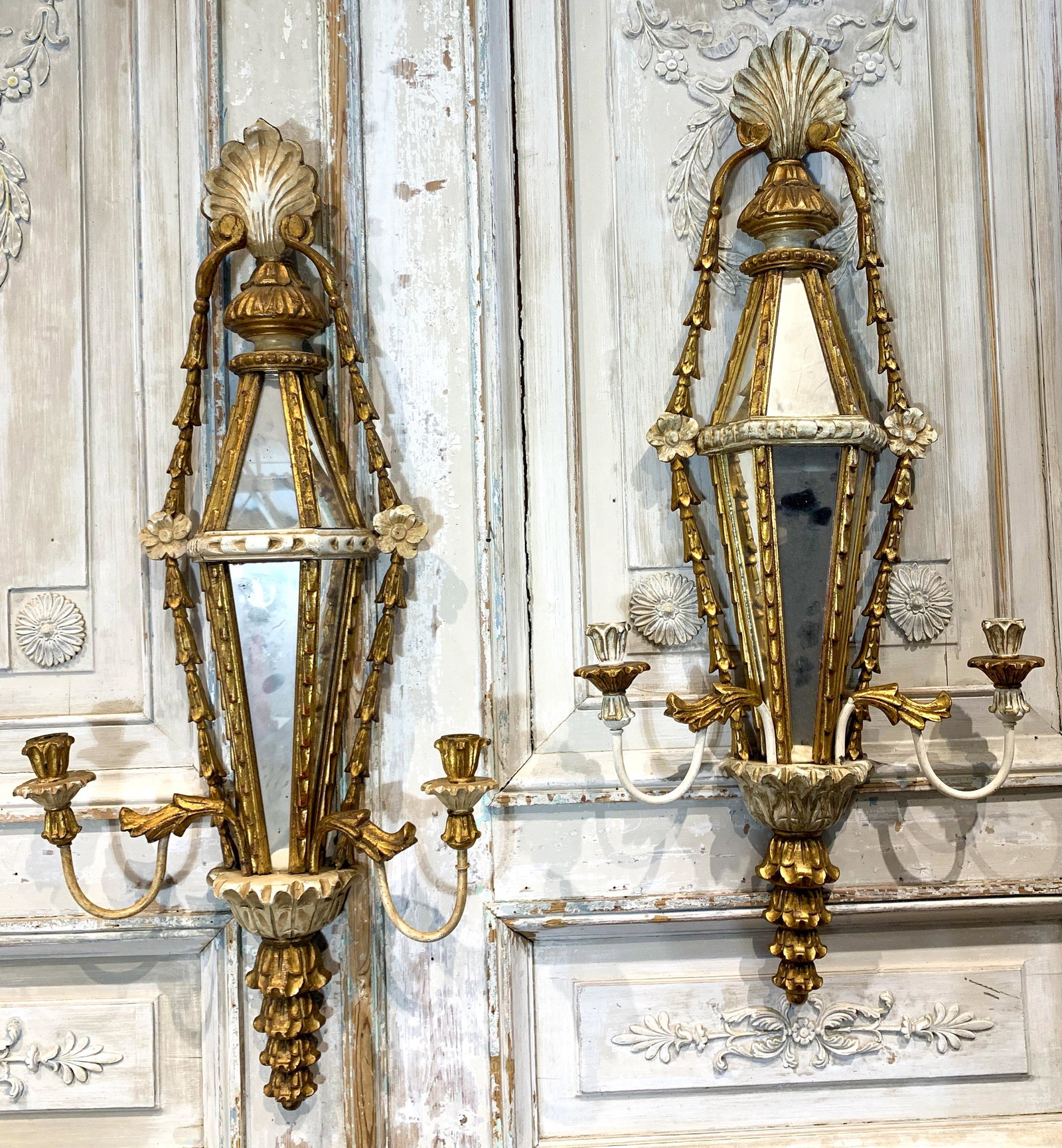Pair Of Italian Polychrome And Gilt Wall Sconce: 20 Th C. 32 H X 14 W