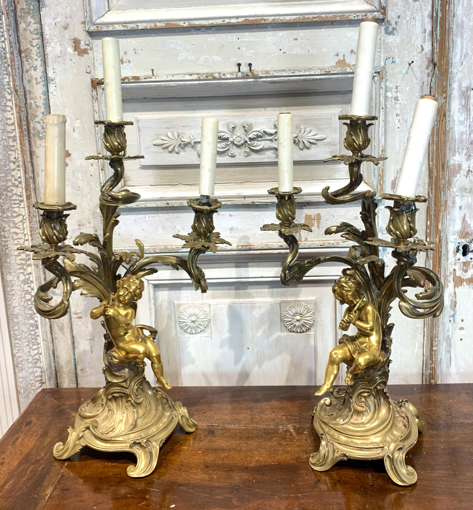 Pair 19th C French Louis XV Style Candelabra: Excellent Detailed Castings Having Cherub Supports, 21 H X 12 W