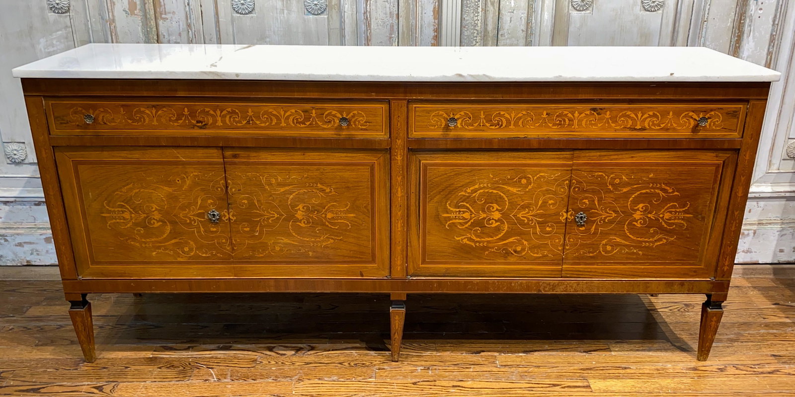 Italian Marquetry Inlaid Credenza: With Marble Top C 1920 72x17x34h