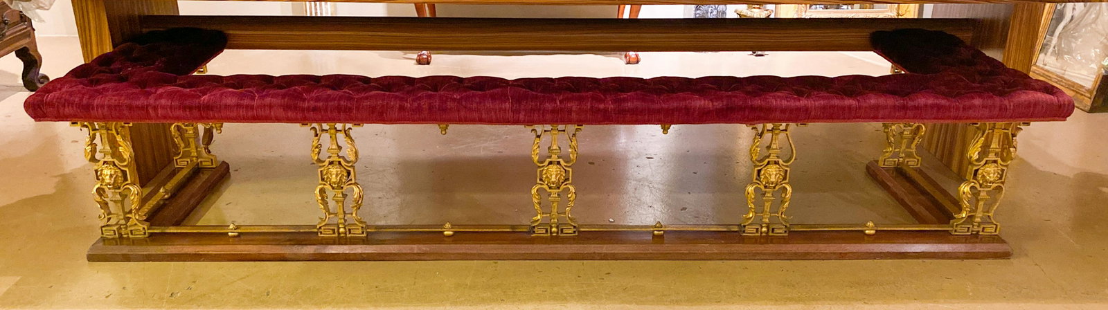 Monumental Fireplace Bench Surround: From Waggoner Ranch. Bronze base and exceptional size. Seat Is 106 X 31.5 X 19.5 H