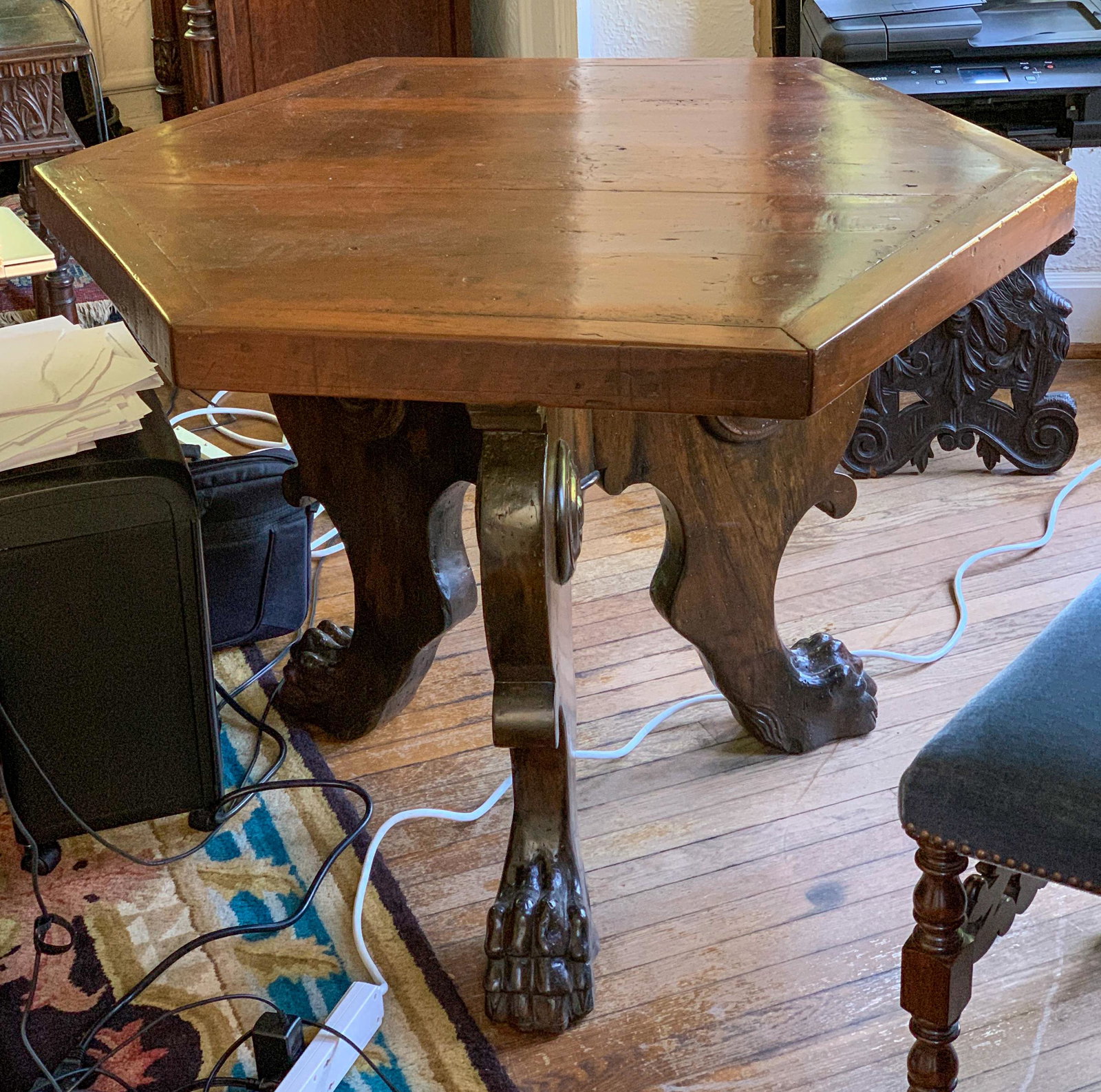 A Italian Tuscan Walnut Center Table: With Carved Base, Good Patina. Late 18 to early 19th C, 44w X 30.5h