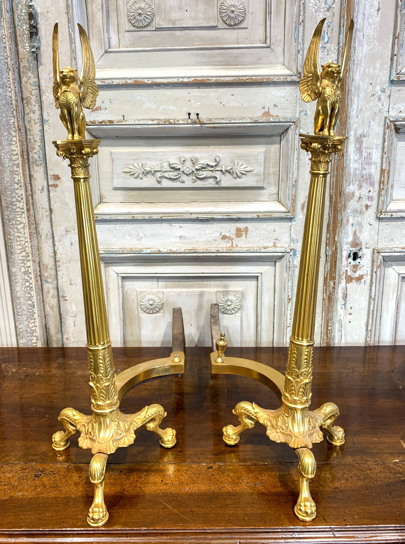 A Pair Of Gilt Brass Empire Style Andirons: C. 1890-1910, One Finial Missing 30 H X 24 D