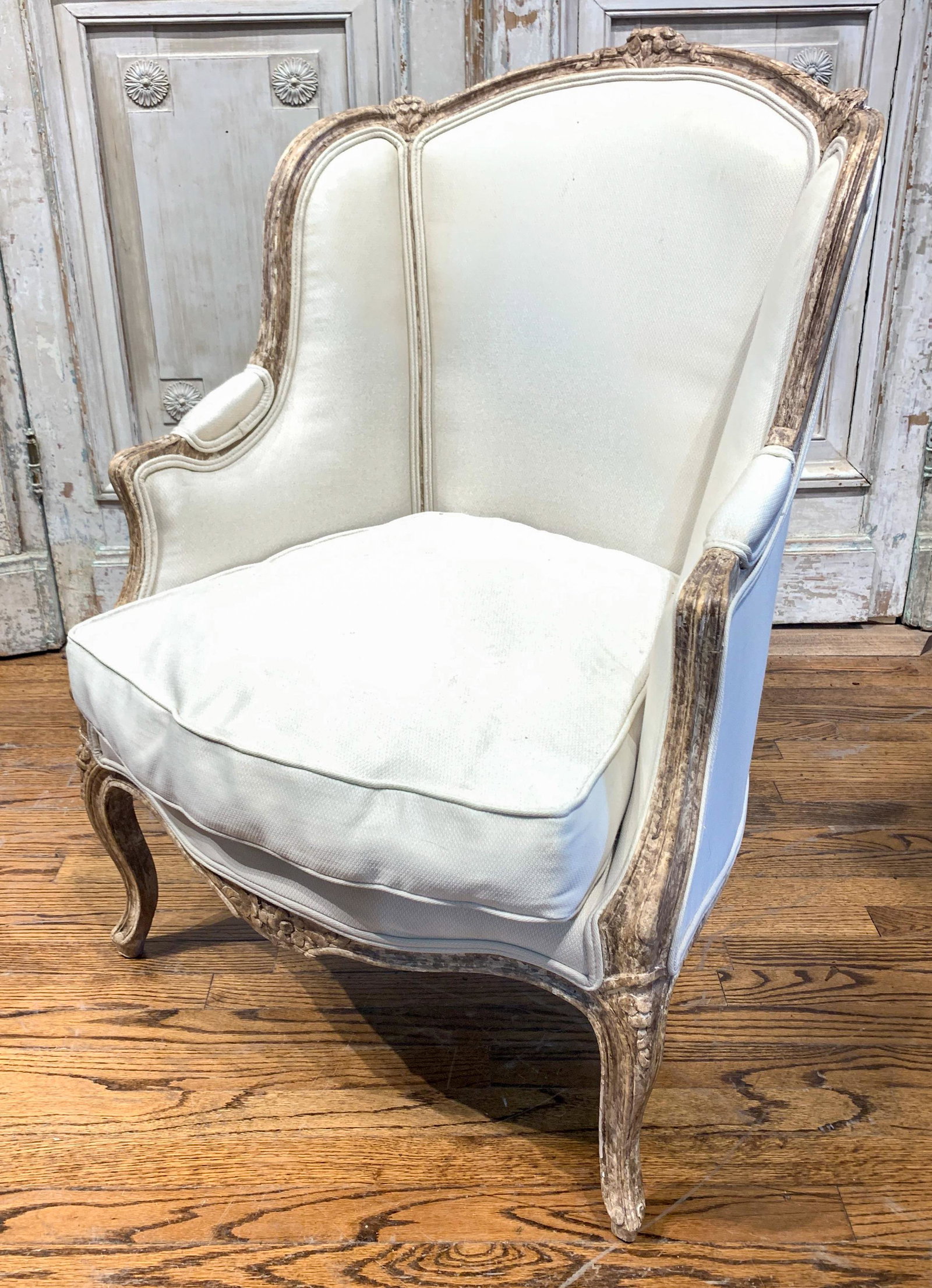 French Louis XV Style Carved Bergere: New Upholstery, Antique Chair That Has Recent Finish, Excellent Quality, 39 H X 26 W X 22 D, Painted Finish And Good Age