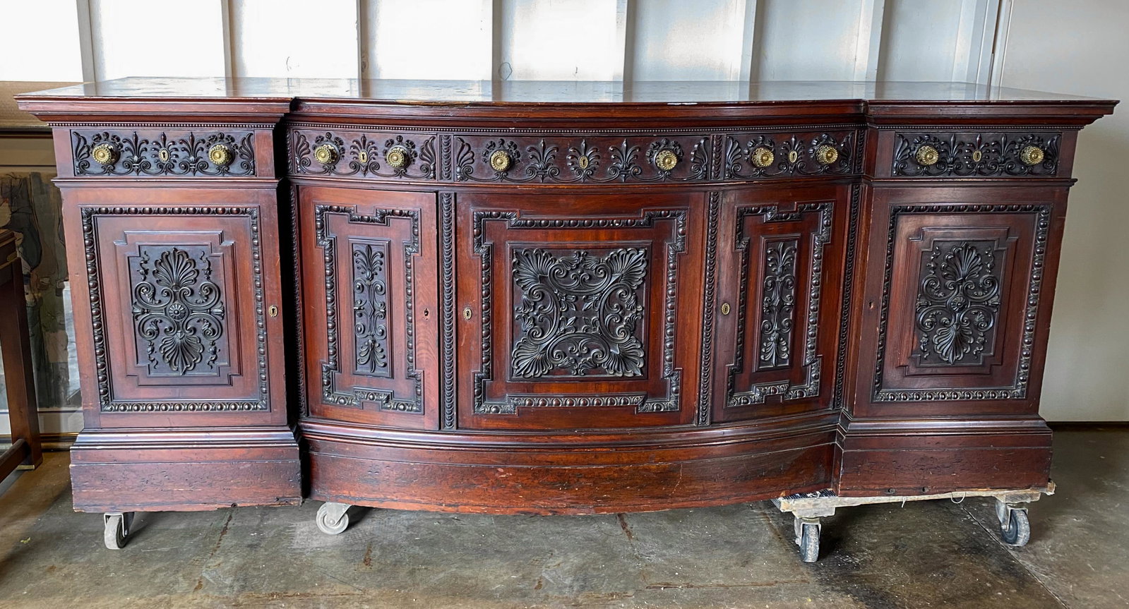 Massive English Edwardian Carved Sideboard: Carved Solid Mahogany C. 1910 30x40x98