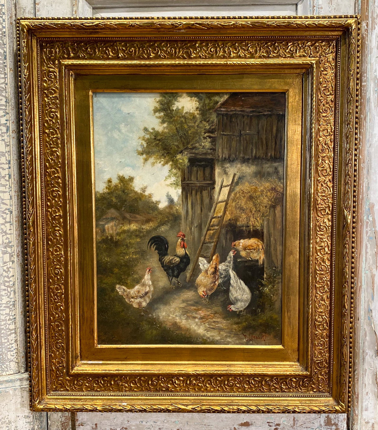 Nice Antique Oil Painting Of Chickens In Yard: Oil On Canvas Signed E. Lemari(?) 31x37 Framed See Photos For Antique Condition, Center Tear To Canvas, Craquelure At Corners, Gold Loss On Frame