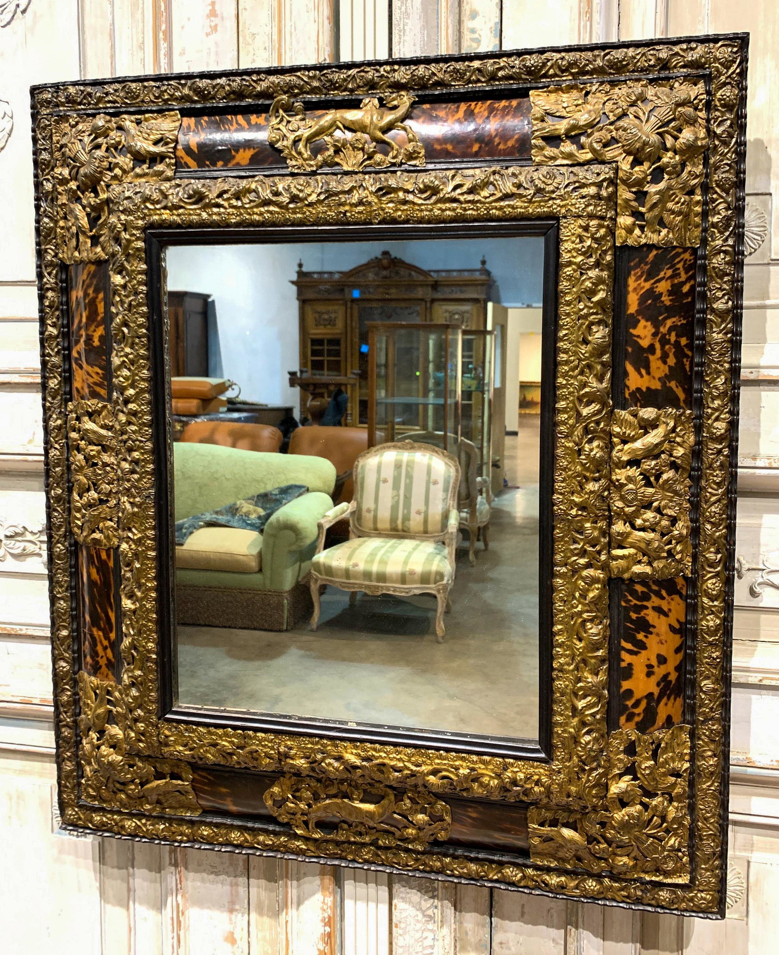 Early 19th C Dutch Repousse Looking Glass: With Relief Brass Applied Decorations, And Tortoise Shell Banding, C.1830, 33 X38, Mirror In Good Antique Condition