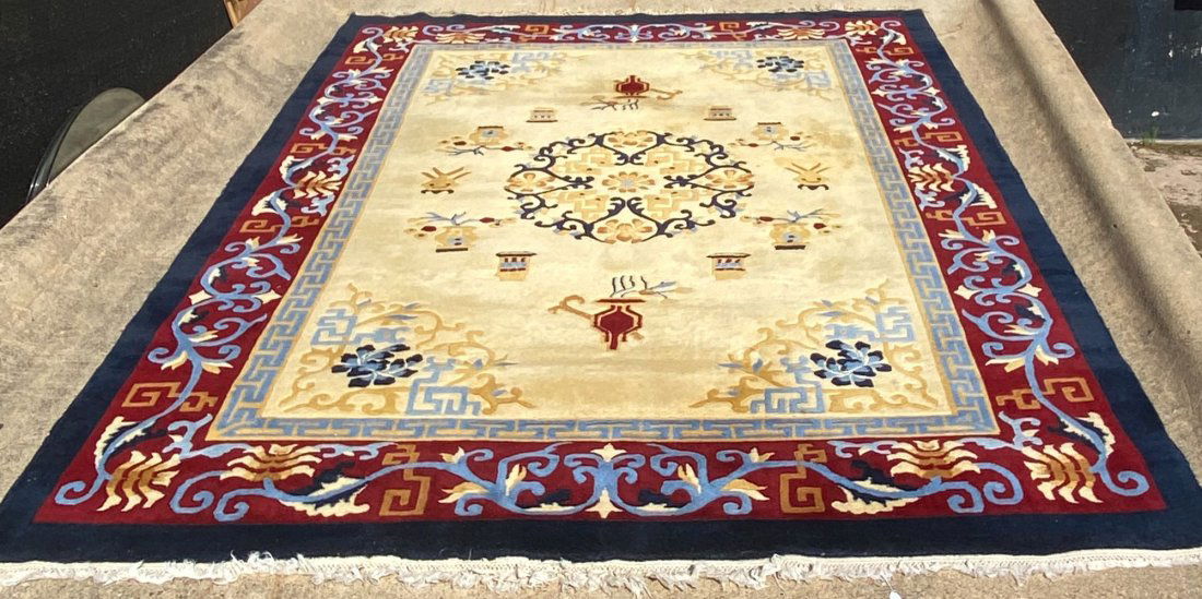 Vintage Wool And Silk Asian/oriental Rug: 100% Wool And Silk Asian/oriental Room Rug, Hand Made, Hand Woven, With Fringe On Each End. Multi-colors Of Cobalt, Sky Blue, Ivory Background And Mulberry. 10'11 L X 8'8 W