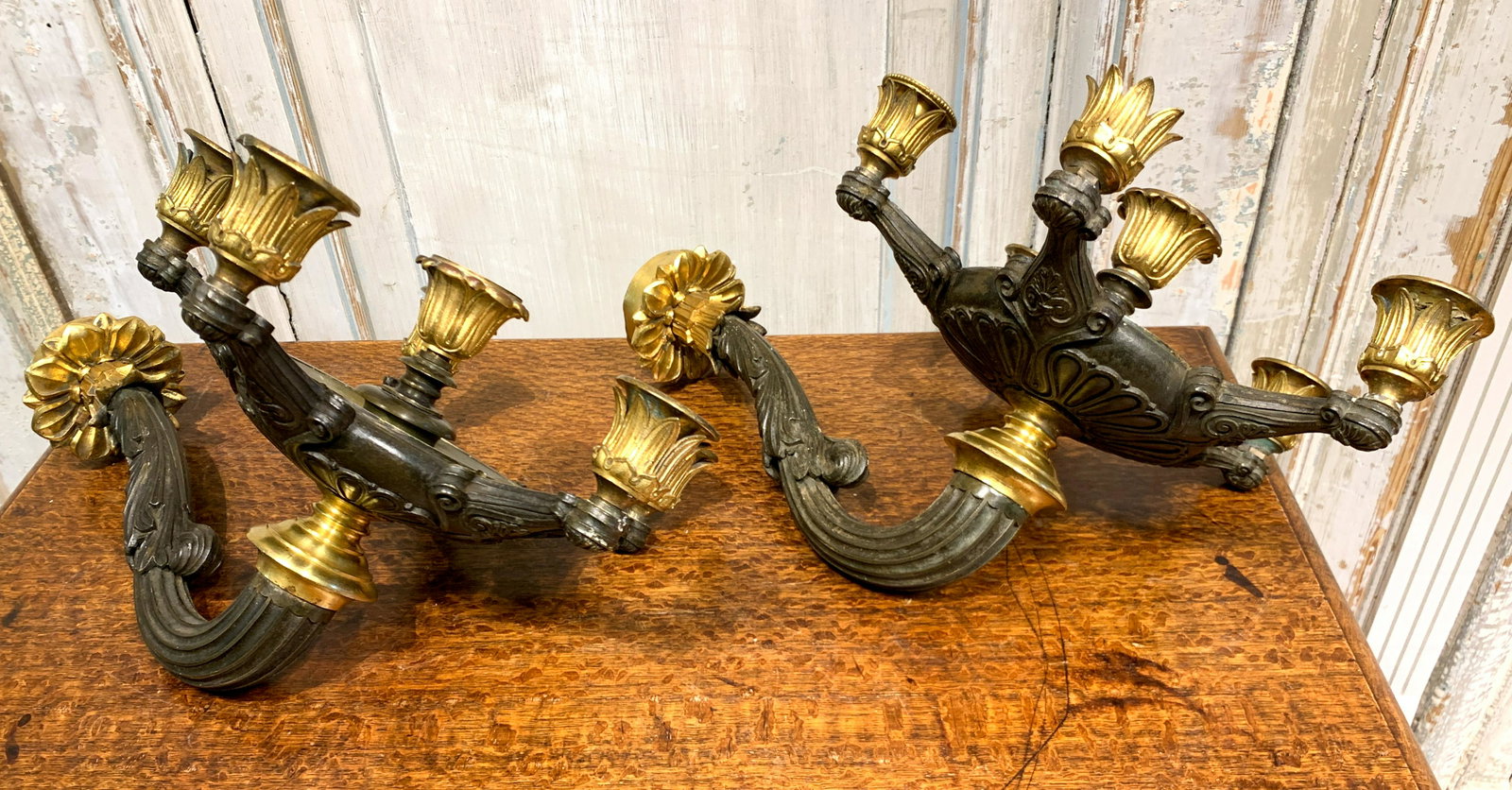 Pair Of Empire Bronze And Gilt Bronze Sconces: Early 19 Th C, Good Condition, Missing One Candle Cup Cap, 14 D X9 W