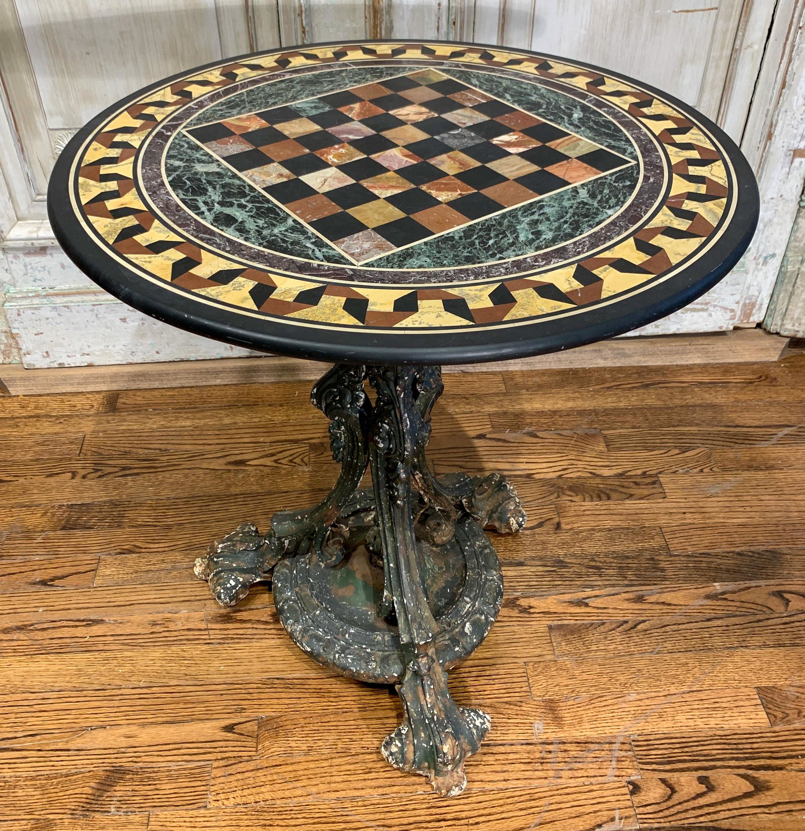 A Continental Cast Iron Games Table: With Specimen Marble Checkerboard Top, C.19 Th C. 27 Dia X 28 H In Good Condition, No Damages To Top
