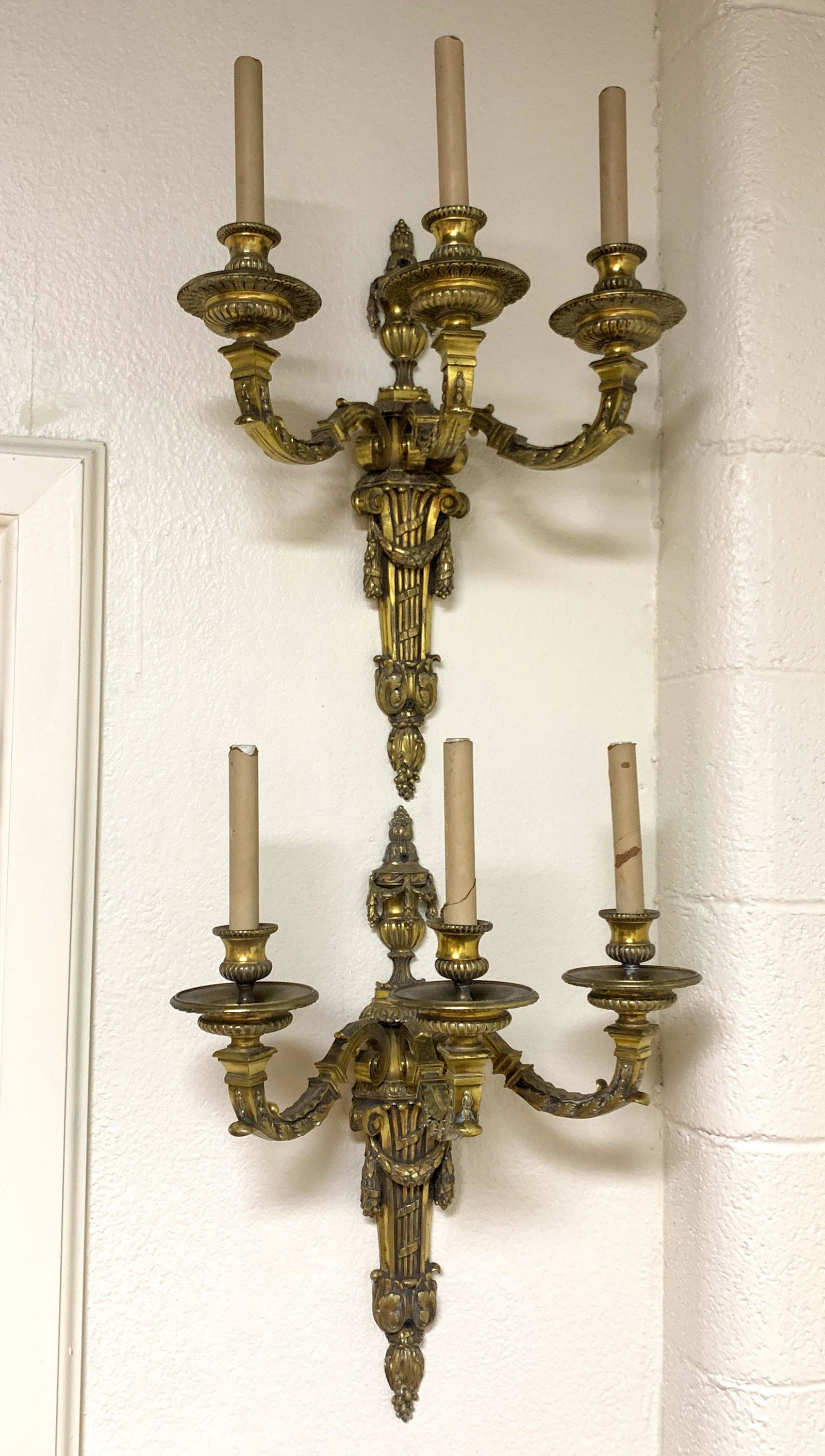 Impressive Pair Of French Bronze Wall Sconce: heavy cast and good antique condition, 20 h x 12 d