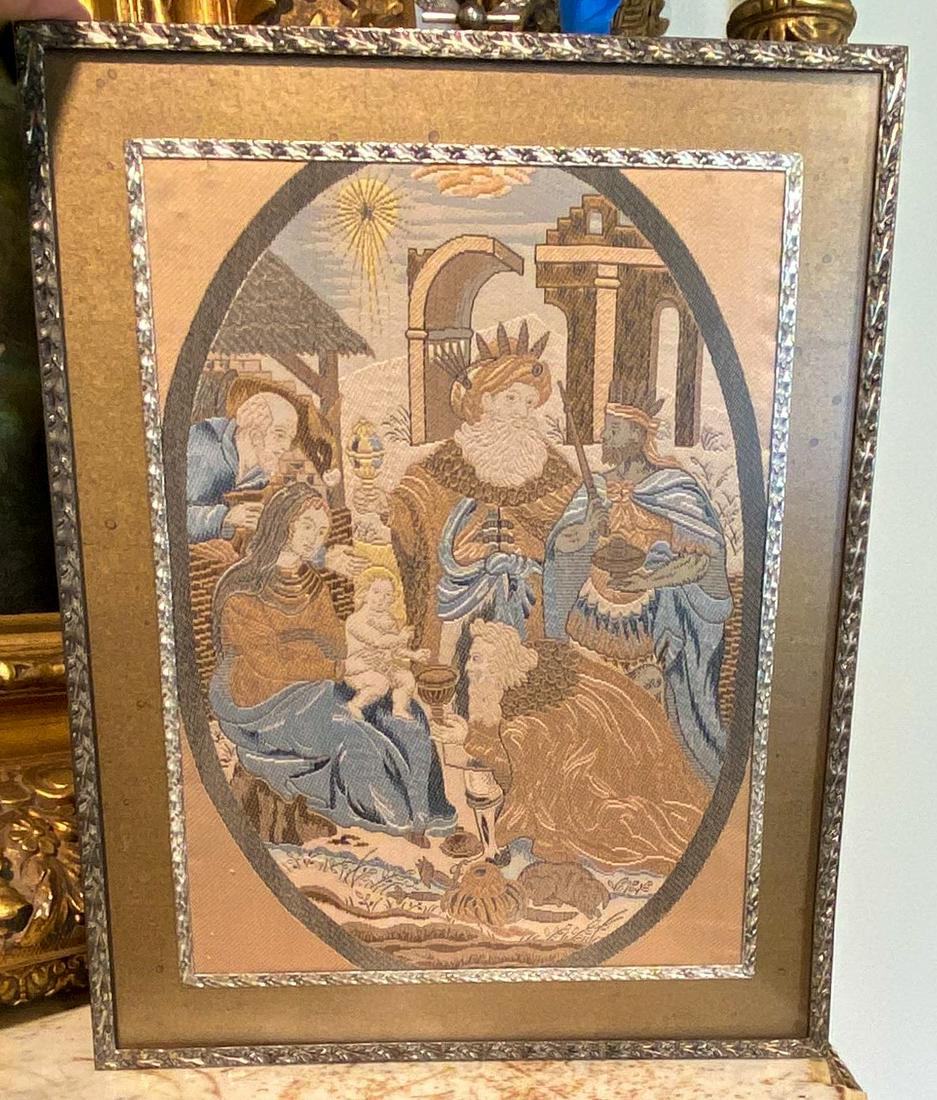 A French Petit Point Oval Panel: 18th c. with religious theme, good condition See photos and label on verso