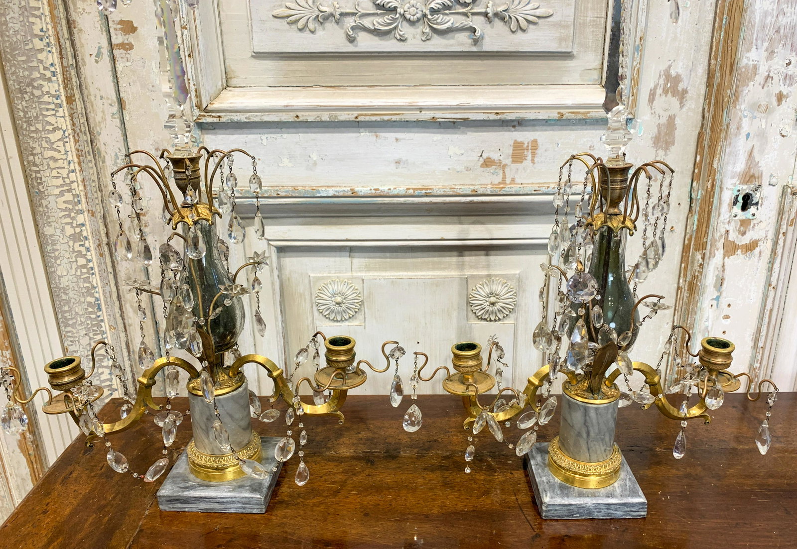 Pr. Of Belle Epoque French Girandoles: Gray Marble And Gilt Bronze, With Porcelain Center Supports, C. 1880. 23 H X 13 W