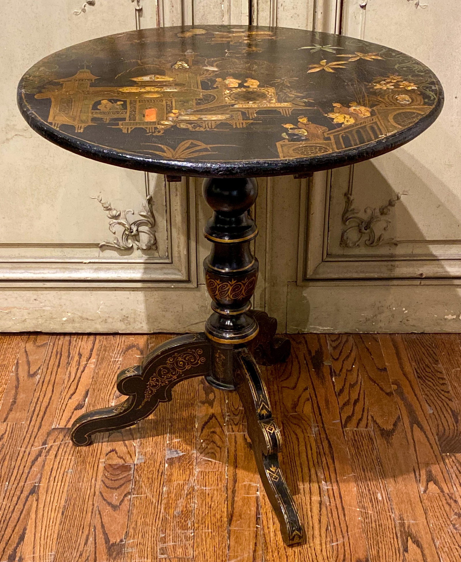 19c English Mother Of Pearl Inlaid Side Table: 26x28 Black Lacquered And In Good Antique Condition; See Photos