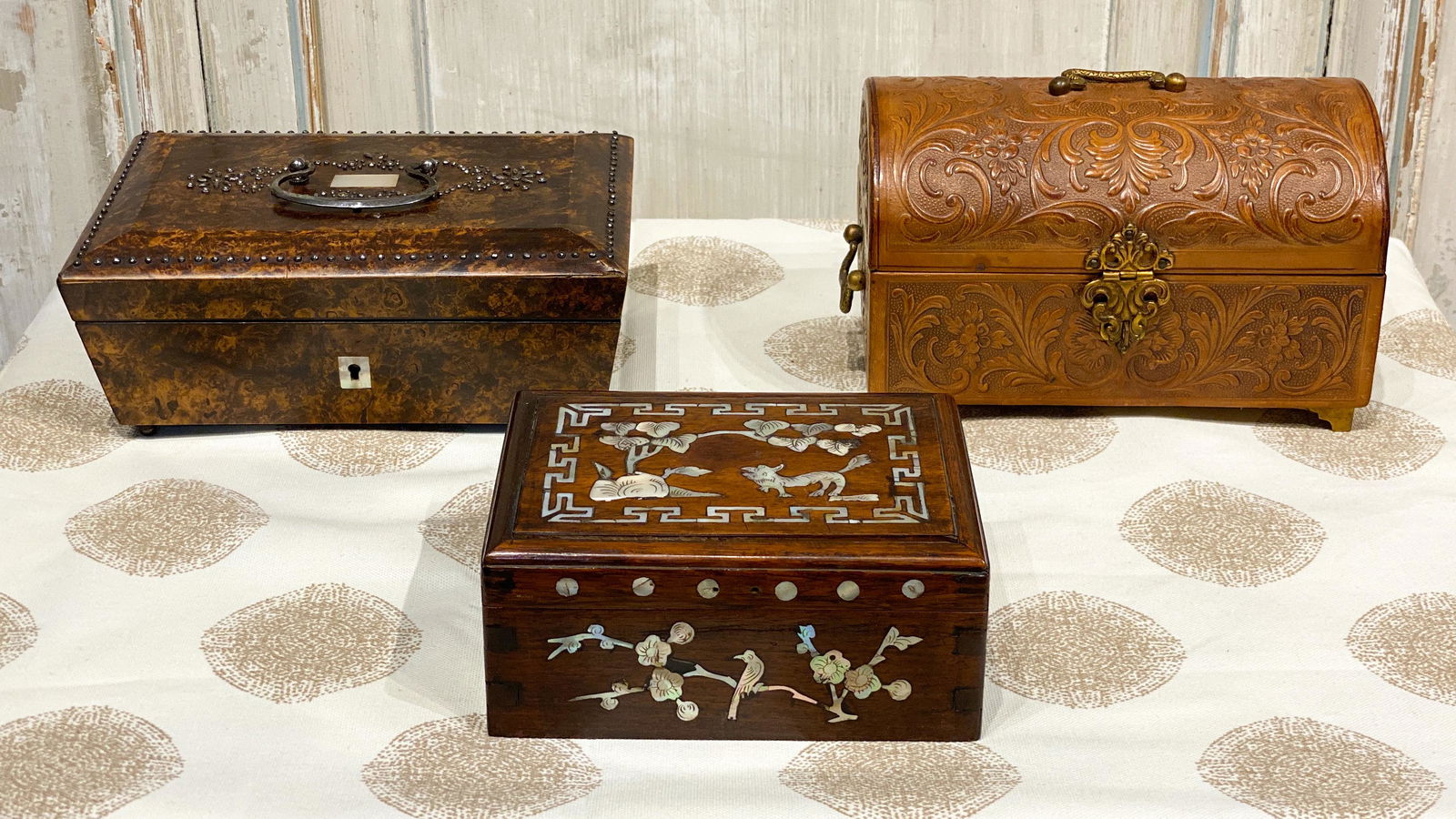 Lot Of 3 Vintage Boxes: Tooled Leather Chest Is 7x5x4, Marked Ambar, 2 Others Having Mother Of Pearl Inlays Good Condition.