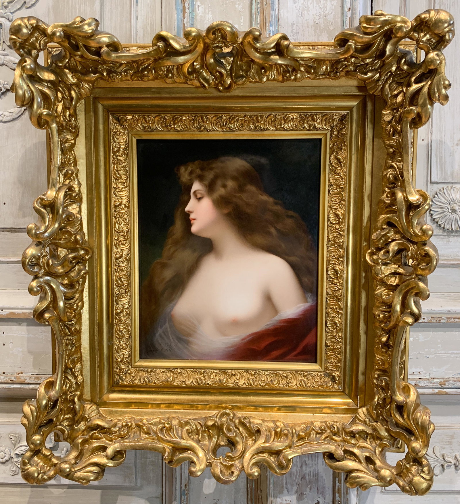 Important German Kpm Plaque: Young Semi-nude Beauty, Signed Lower Left, A. Scherf After Angelo Asti (born 1876) In Elaborate Heavy Gilt Frame, Having The Proper Imprinted Kpm Mark. Excellent Condition. Sight 12x 10, Frame 23x 21