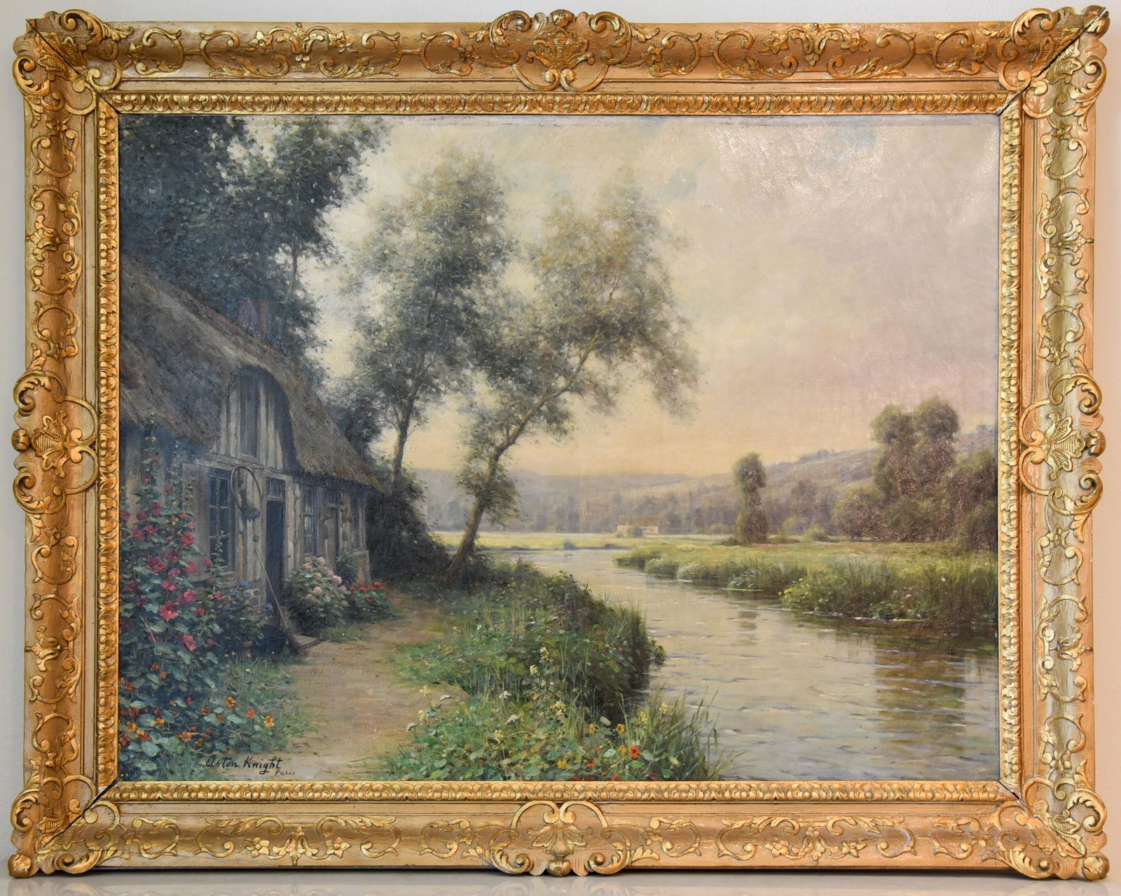 Louis Aston Knight Oil French Born / American: (1873-1948) 44 X 55 Overall. Original Oil On Canvas, Cottage By River, Aston Knight Was The Son Of Daniel Ridgway Knight. Exhibited At Paris Salon In 1873 Favorite Subjects Were Cottages And Gardens I