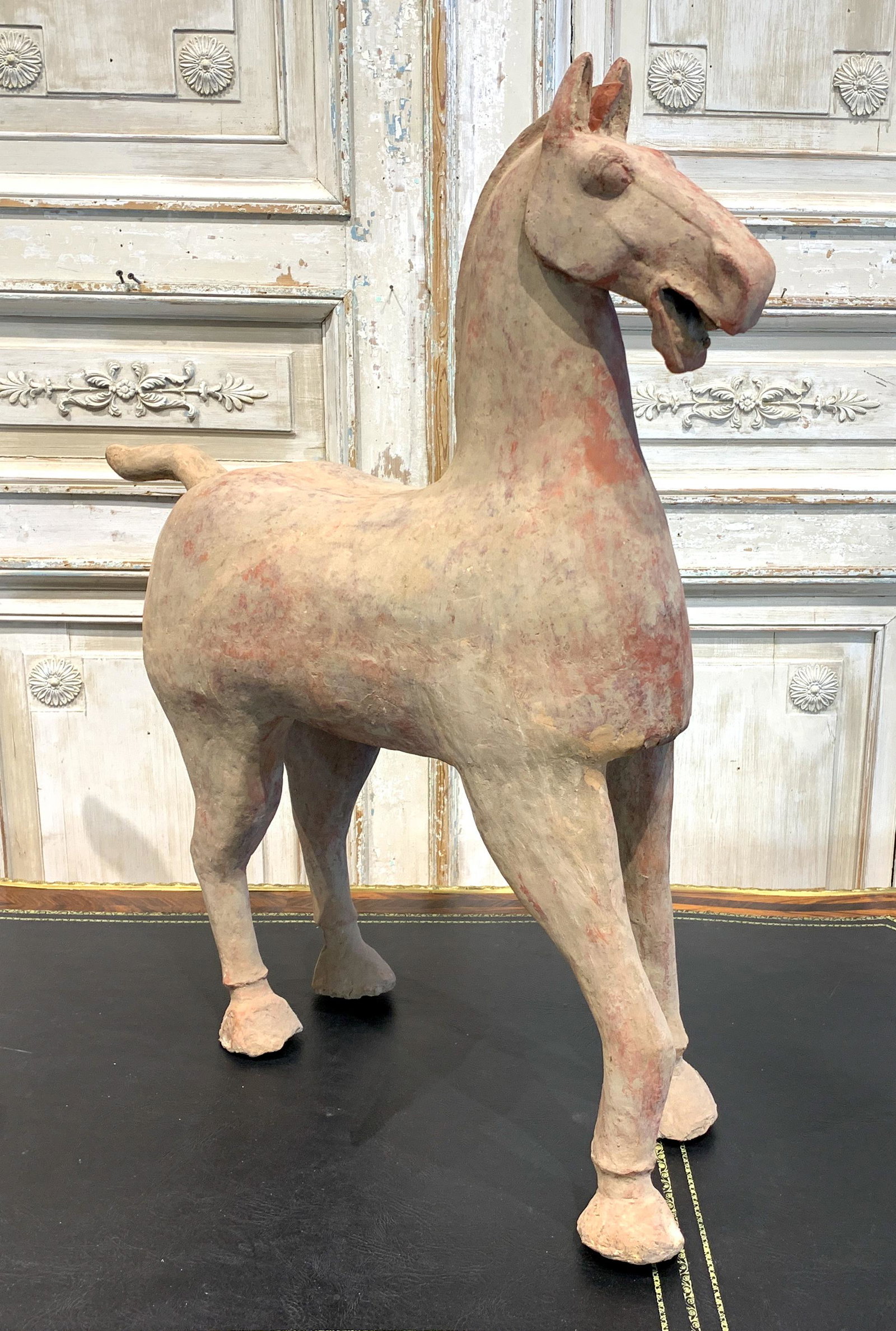Rare Chinese Han Dynasty Horse: Original Condition, slight expert repair to tail C 1400.Dimensions 33" high at tallest point, 30" from tail to nose, 8" wide
