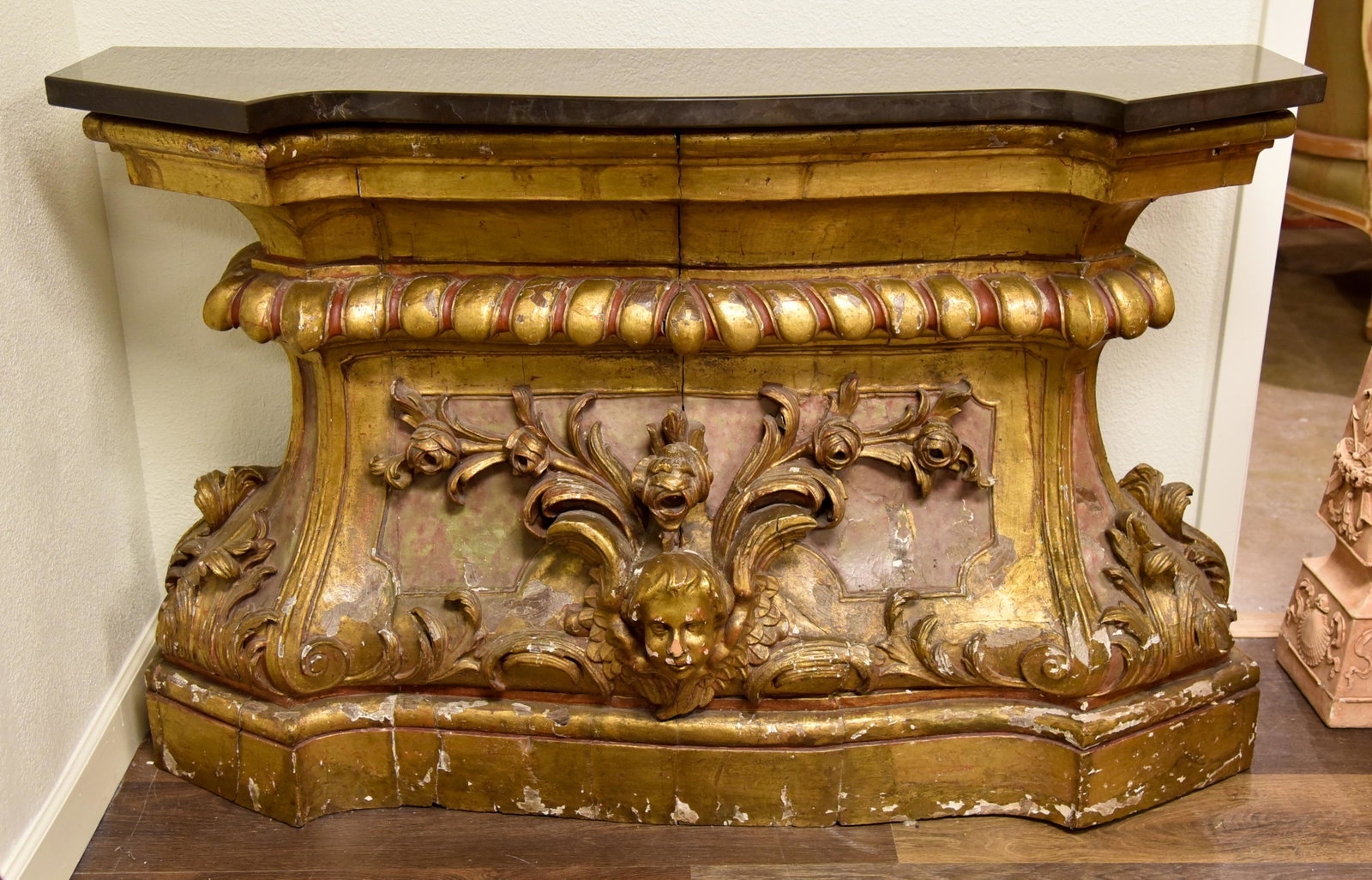 19th Century Italian Carved Giltwood Console: Fine Carved Figures,all Wood Carved, With Later Marble Top And Old Gilt Finish. 59x16x56 See Photos For Antique Condition