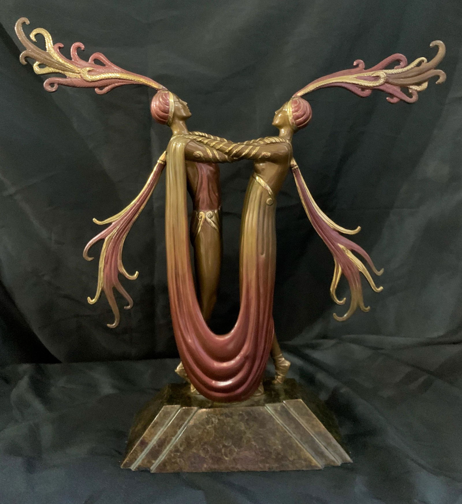 Erte, Romain De Tirtoff, Russian, Kiss Of Fire: 20 H X 19 W. Polychrome Bronze. Excellent Condition. With Coa.