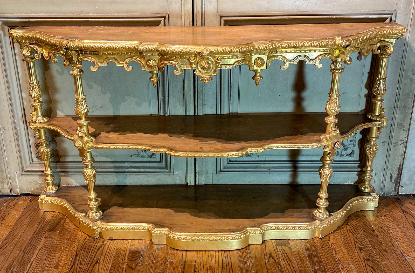 19th C. Italian Carved Giltwood Console: Fine Detailed Carvings, Serpentine Front 67x18x35 Gilt Has Been Touched Up- See Photos.