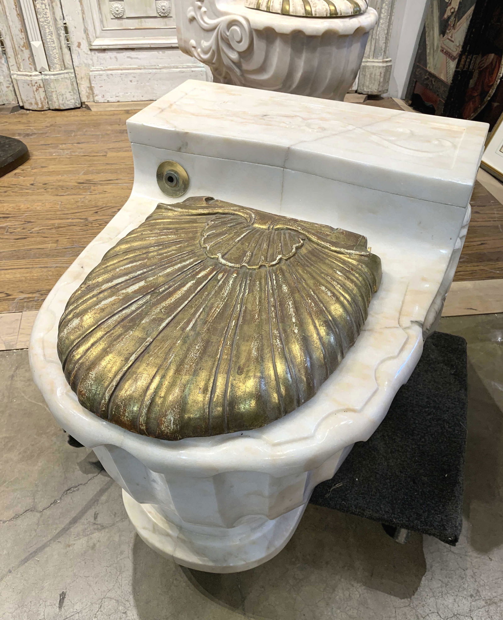 A Rare Sherle Wagner Carved Marble Toilet B: With Carved Gilt Wood Lids, And Having Modern Porcelain Toilets That Fit Underneath, 22x24x34 Seat Height: 17 (lid Closed 19) Note: Heavy Item.