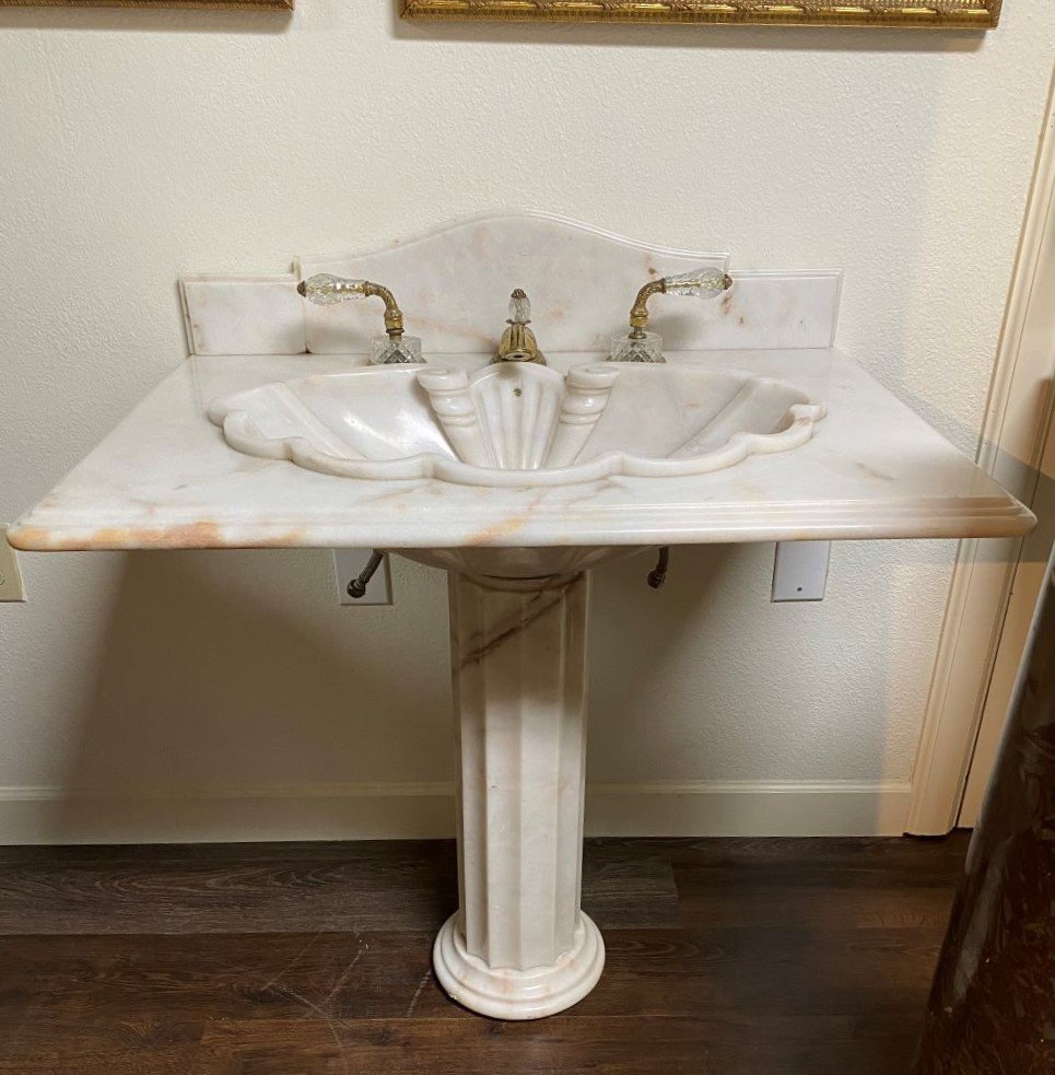 Sherle Wagner Onyx Sink A: From The Home Of Loretta Young In Beverly Hills With Cut Glass Handles 36x 25. See photos for scuffs and chips typical for age. Onus is on buyer in inspect plumbing parts or lack thereof.