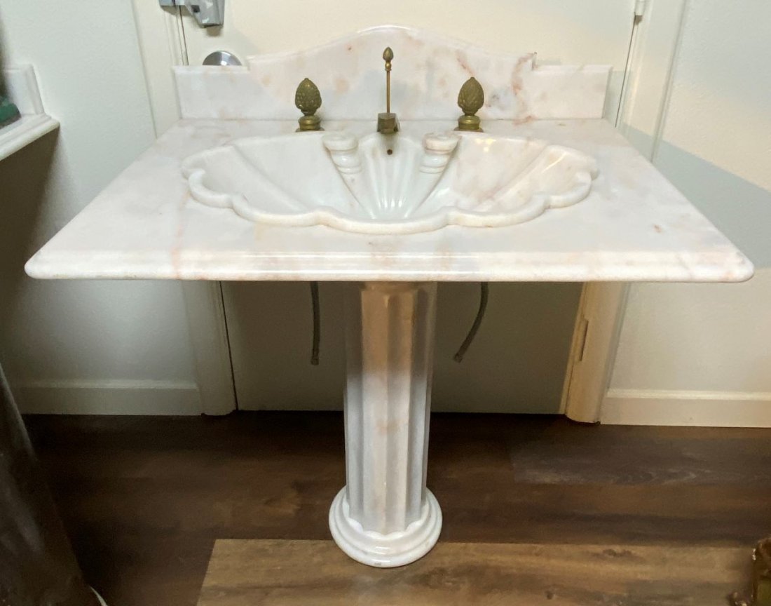 Sherle Wagner Onyx Sink B: 36x25 With Acorn Fittings From The Home Of Loretta Young In Beverly Hills. See Previous Lot For Sink A. See photos for scuffs and chips typical for age. Onus is on buyer in inspect plumbing parts or l