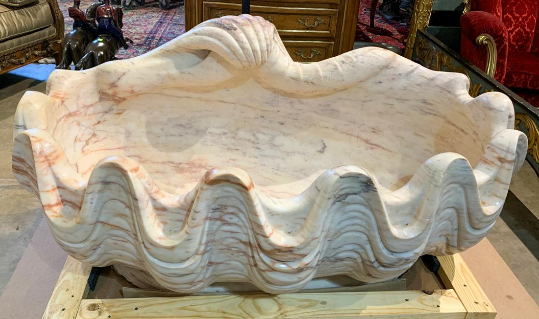 Extremely Rare Italian Carved Onyx Tub: Made For Sherle Wagner, Carved From Single Block Of Onyx In A Shell Form. Please Note: Heavy/large. 60x38x28 See Photos For Condition, some age cracks.
