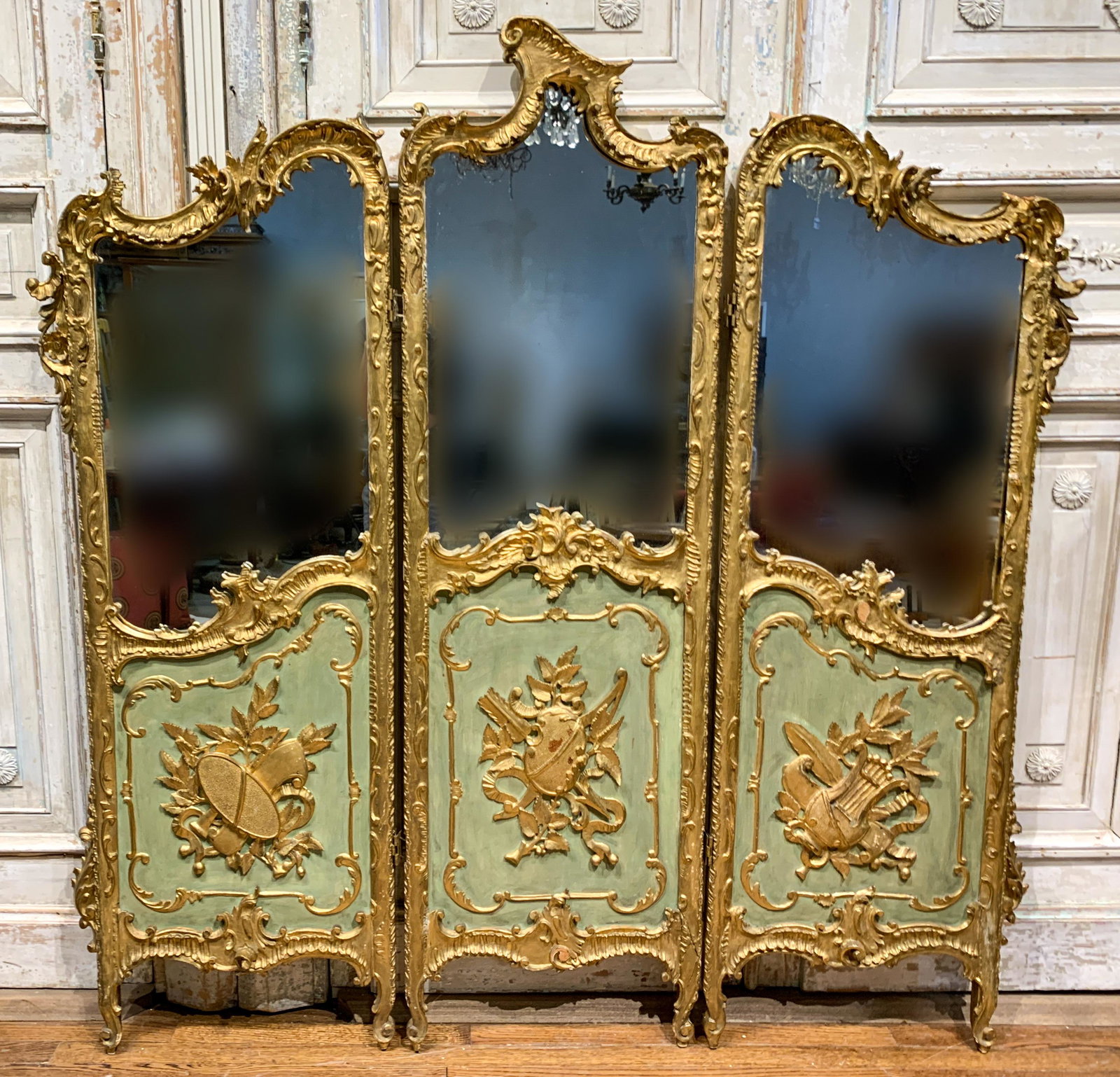A 19th C. Venetian Rococo 3 Panel Screen: Exquisite Gold Gilt Carvings Representing Music, Art, Science, C1870, 62 Wide X 67 High Excellent Condition