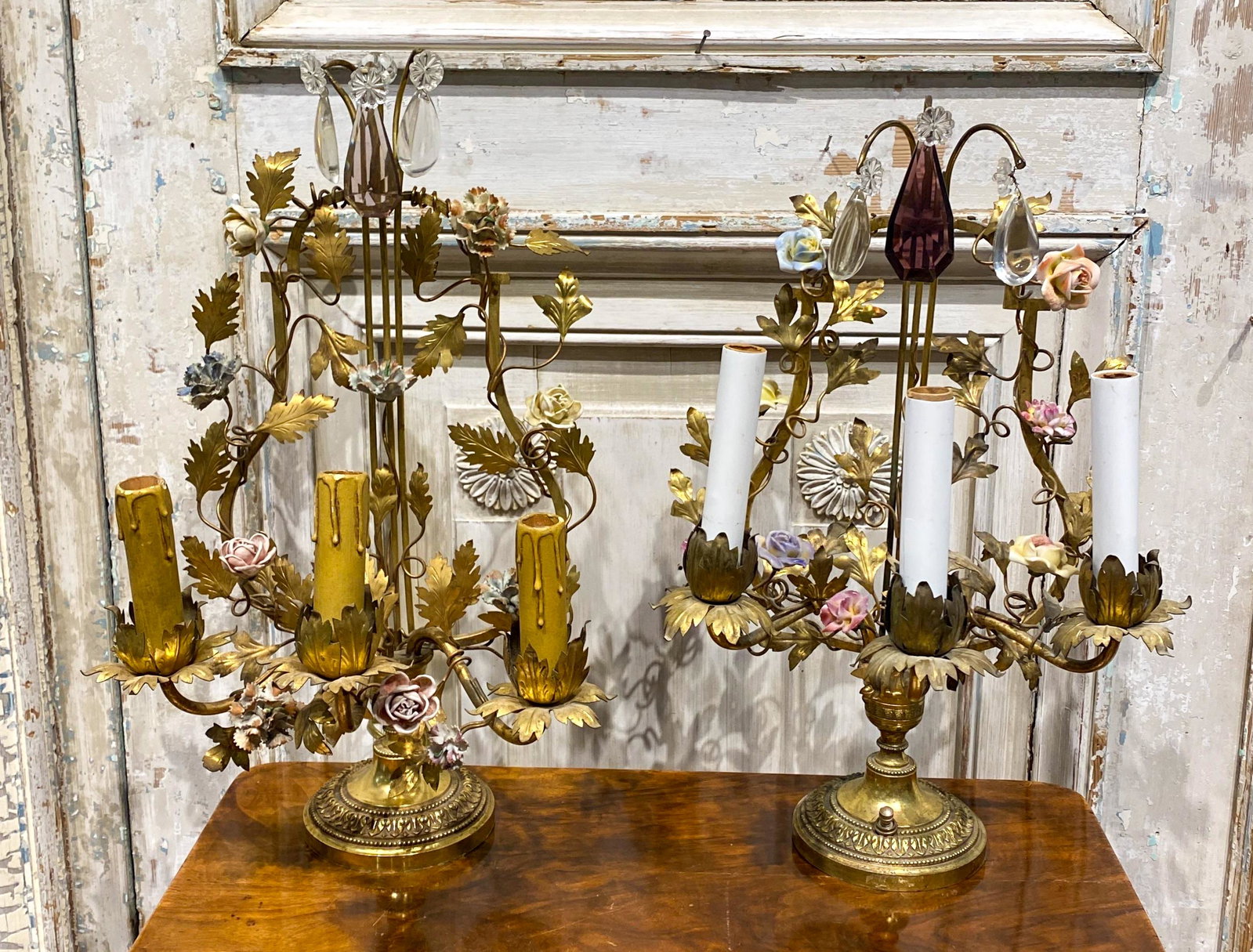 Companion Pair Of Floral Candelabra: 17.5x11, working condition unknown
