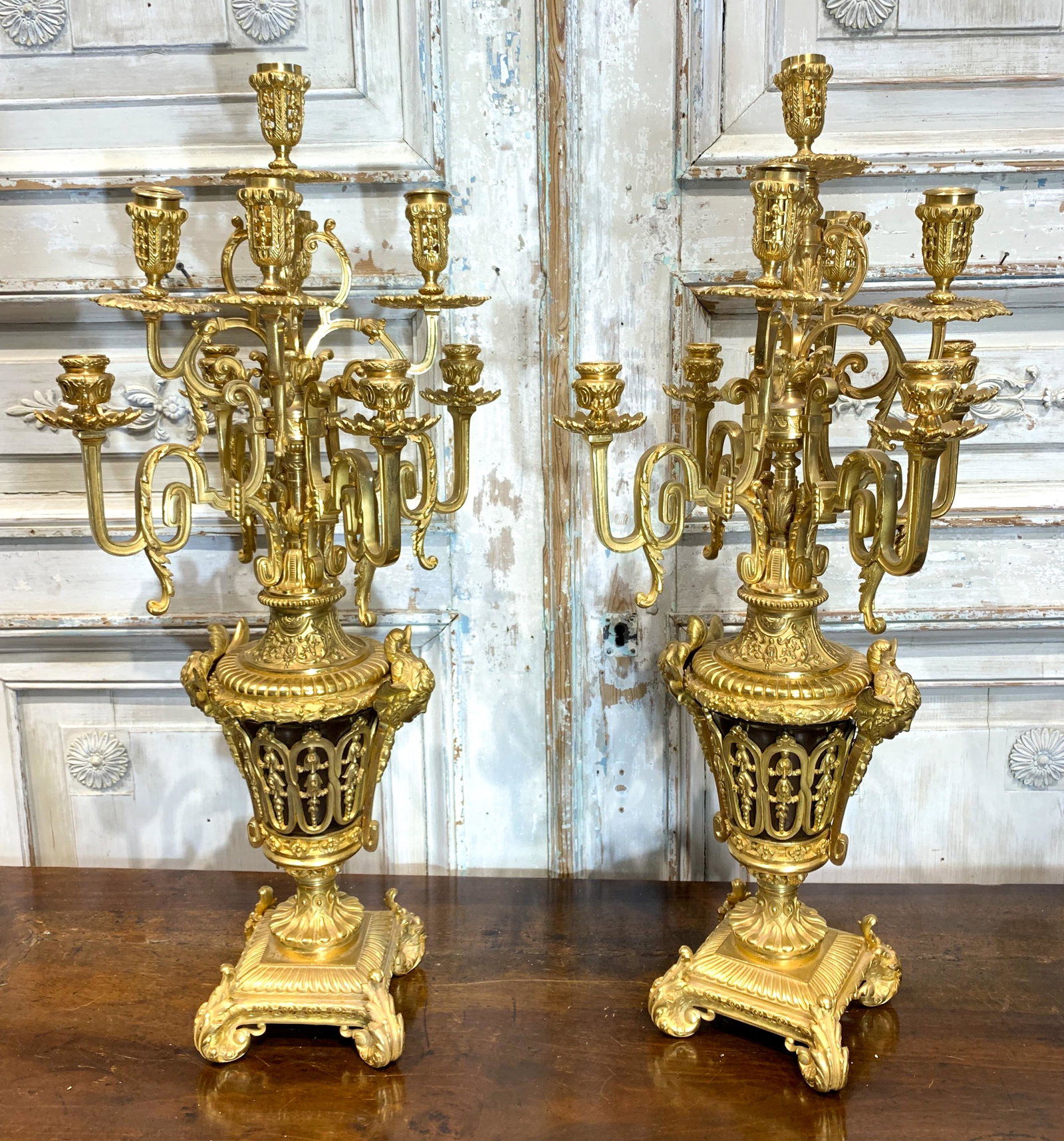 Superb Pair Of Gilt Bronze Candelabra: Candelabra, French Circa 1890; Detailed Castings; Arm And Bobeche Needs Attaching And One Candle Cup Missing. 31 H X 12 W