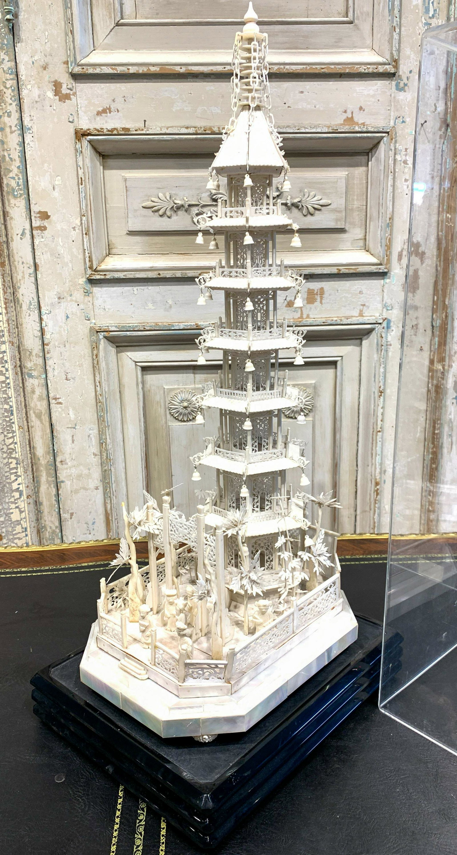 Impressive Chinese 7-story Pagoda In Case: From Henri Samuels, Paris; Similar One Sold At Mallet London. Carved Bone Or Mammal Tusk; 25x9x28.