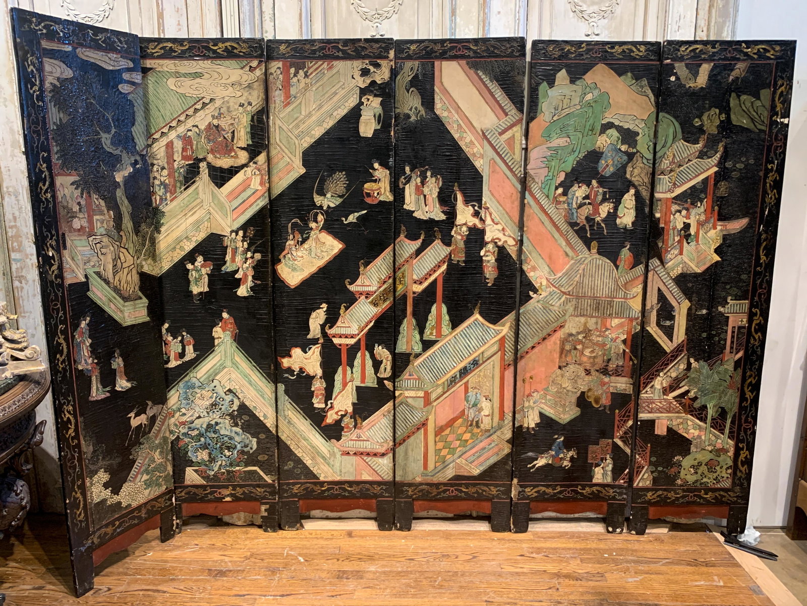Rare Early 19th C. Chinese Coromandel Screen: 6 Panel; Missing Hinges As Was Used As Hanging Panels 114 Long C 76 H Good Antique Condition For Age